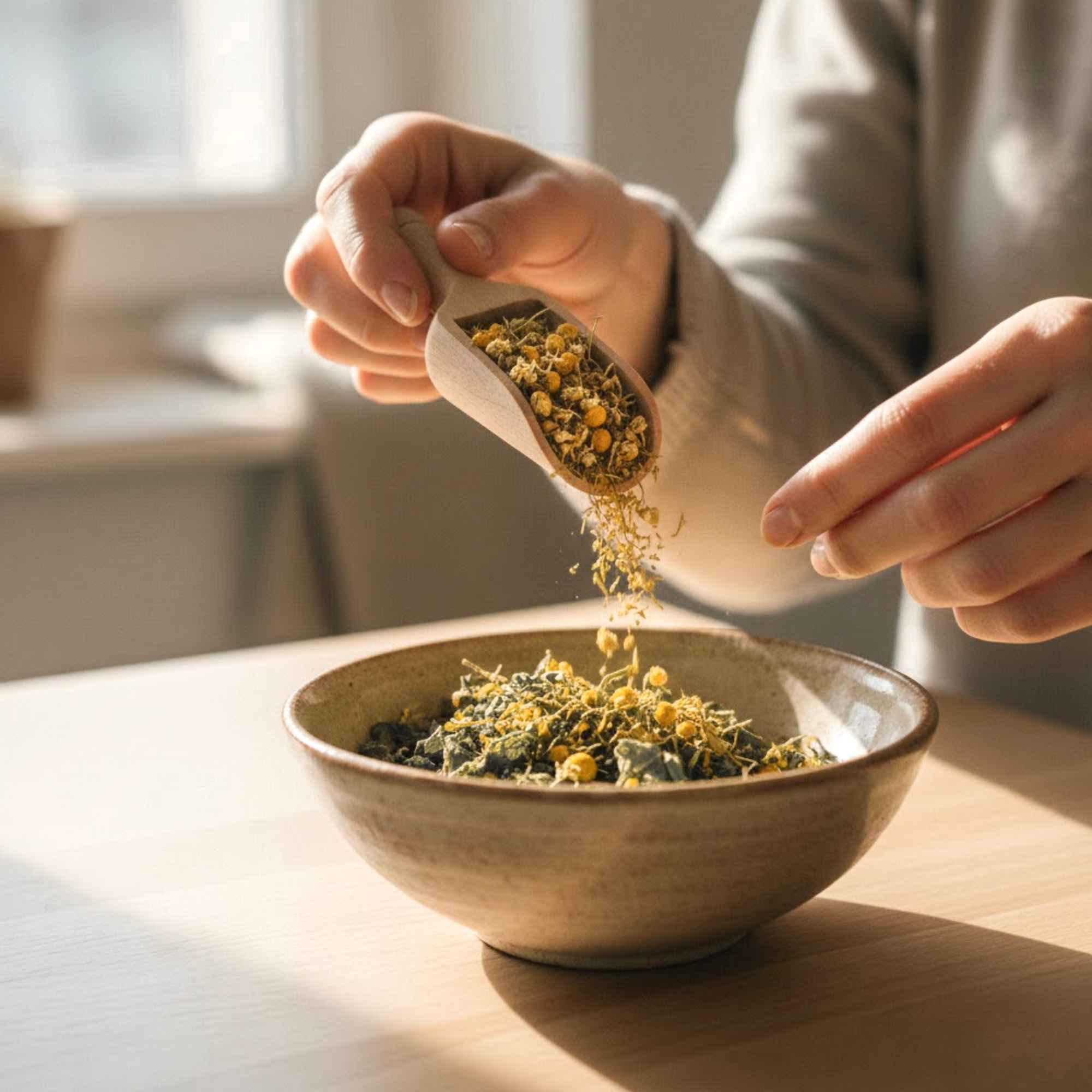 Préparation du mélange de plantes pour la tisane Nouvel Équilibre dans un bol, étape par étape à la maison