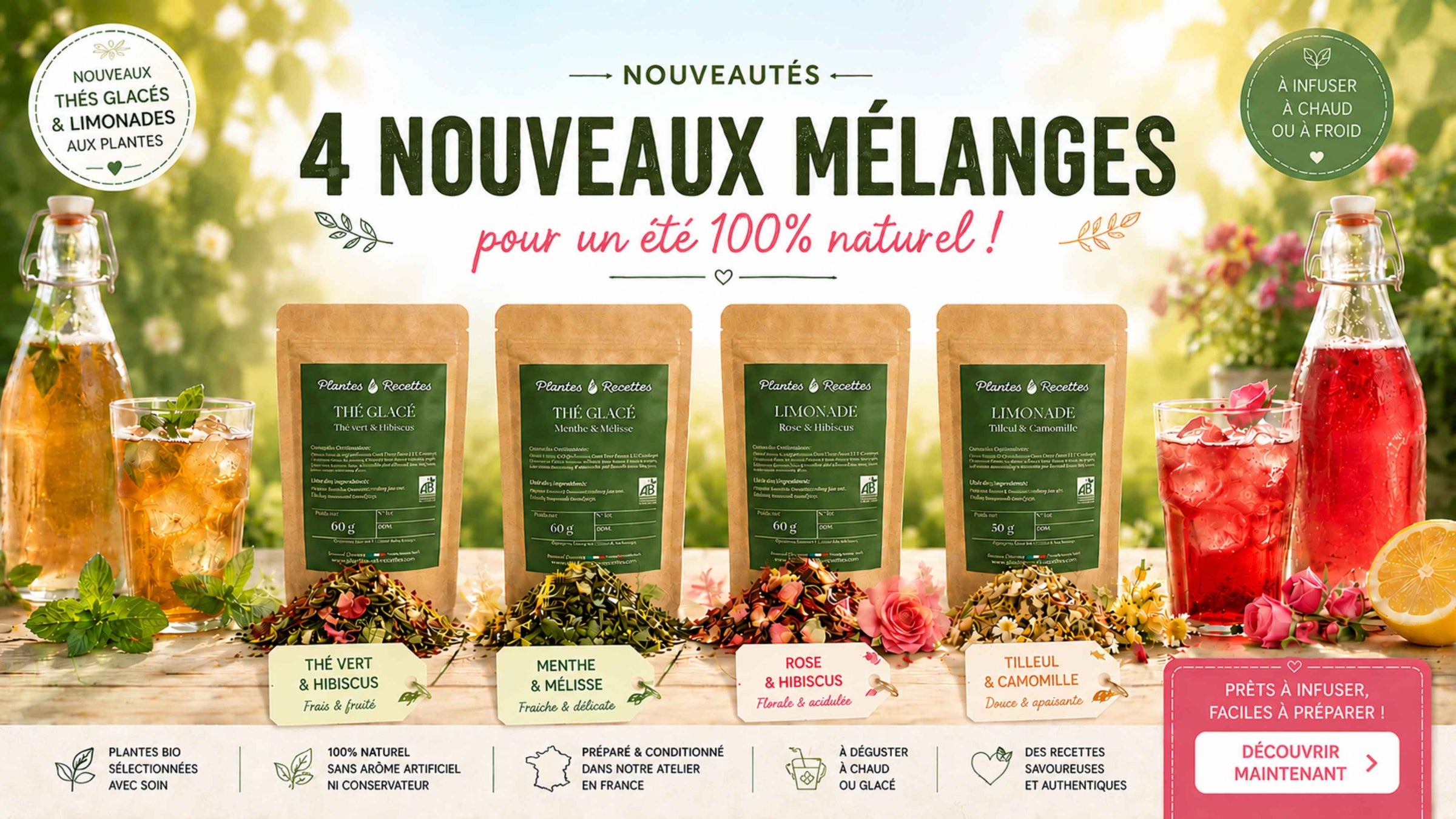 Quatre nouveautés Plantes & Recettes : thés glacés et limonades aux plantes bio à préparer à la maison, élaborés avec des ingrédients 100 % naturels pour des boissons estivales rafraîchissantes.