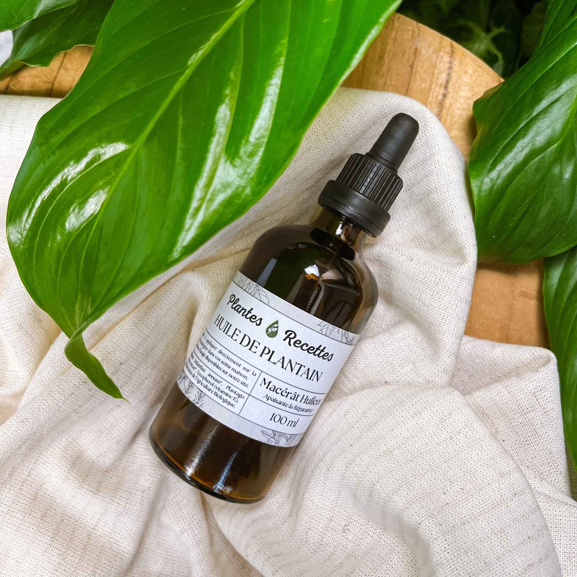 Application du macérat huileux de plantain bio Plantes & Recettes, soin naturel pour apaiser les irritations et protéger la peau au quotidien.