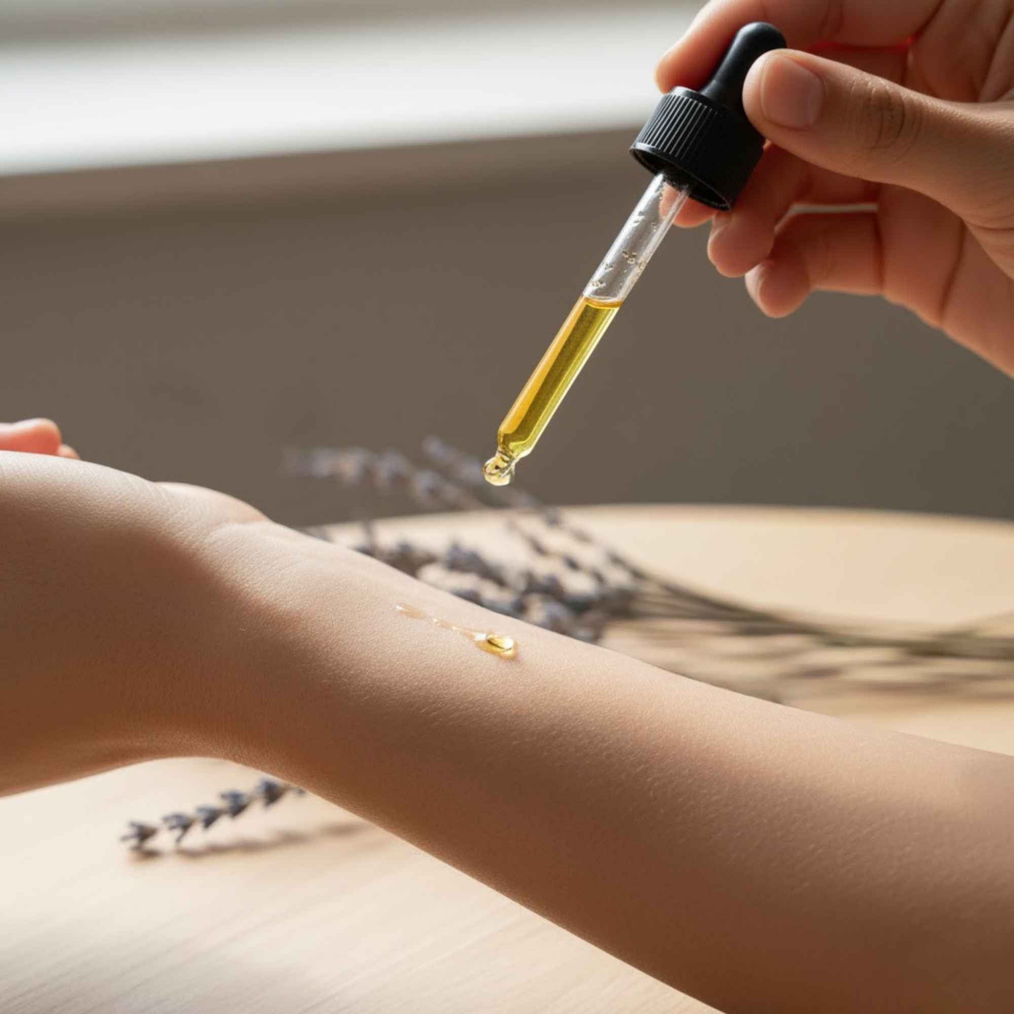 Application d’un macérat huileux bio Plantes & Recettes sur la peau, soin naturel artisanal fabriqué à froid pour nourrir et apaiser en douceur.