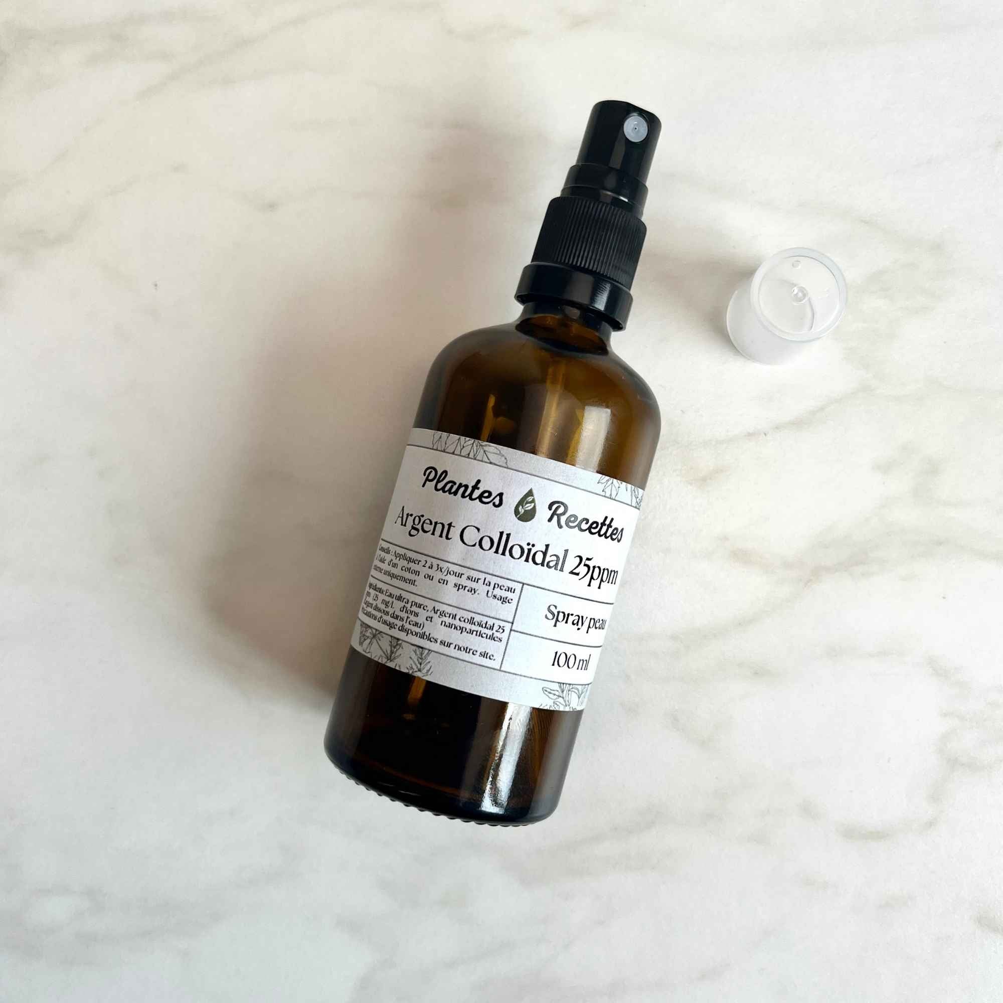 Flacon spray 100ml d'Argent Colloïdal 25ppm pour soins de la peau de chez Plantes et Recettes