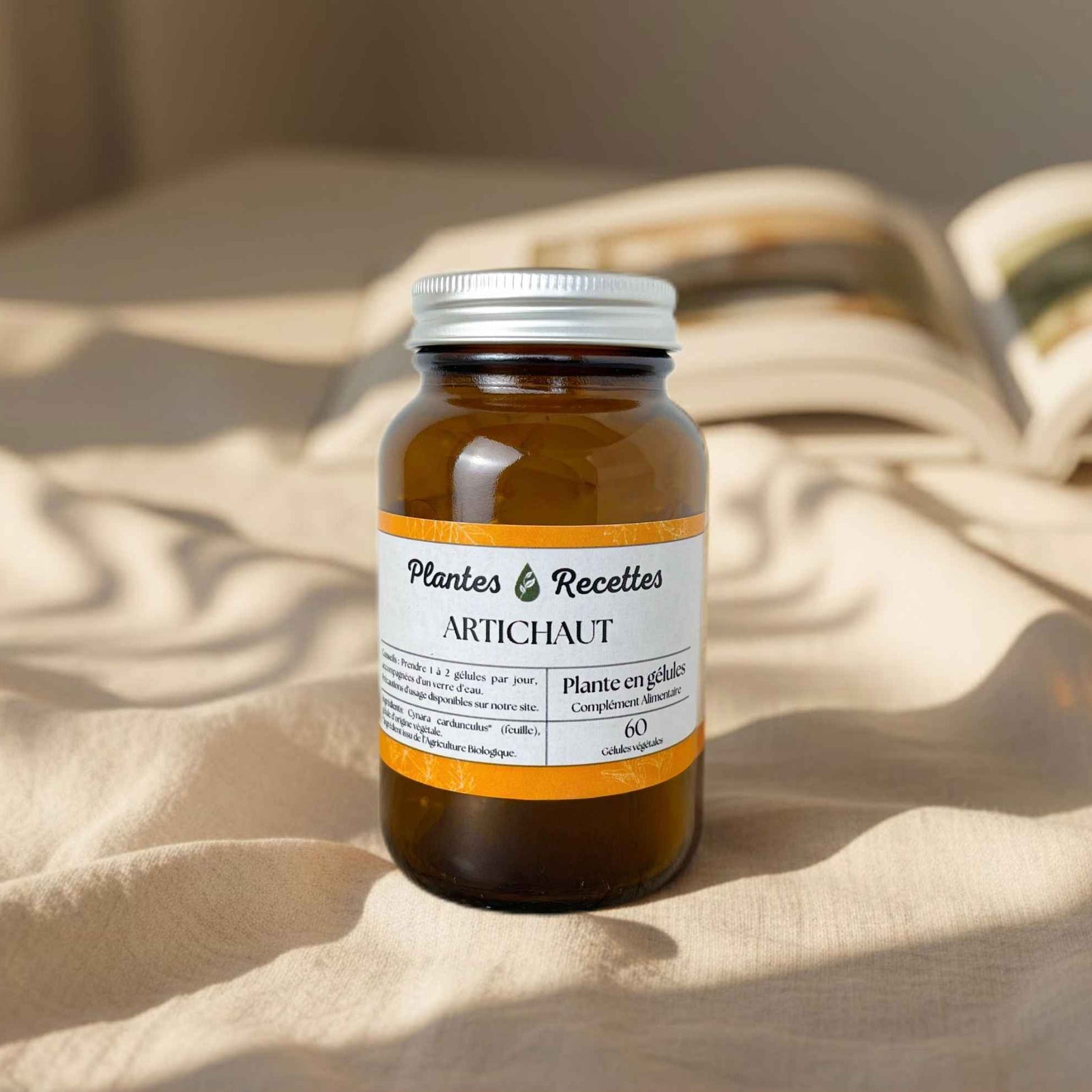 Gélules d’artichaut bio Plantes & Recettes, complément naturel pour soutenir la santé du foie et une bonne digestion, qualité herboristerie, fabrication française, capsules végétales vegan en pilulier verre ambré, cure 1 mois.