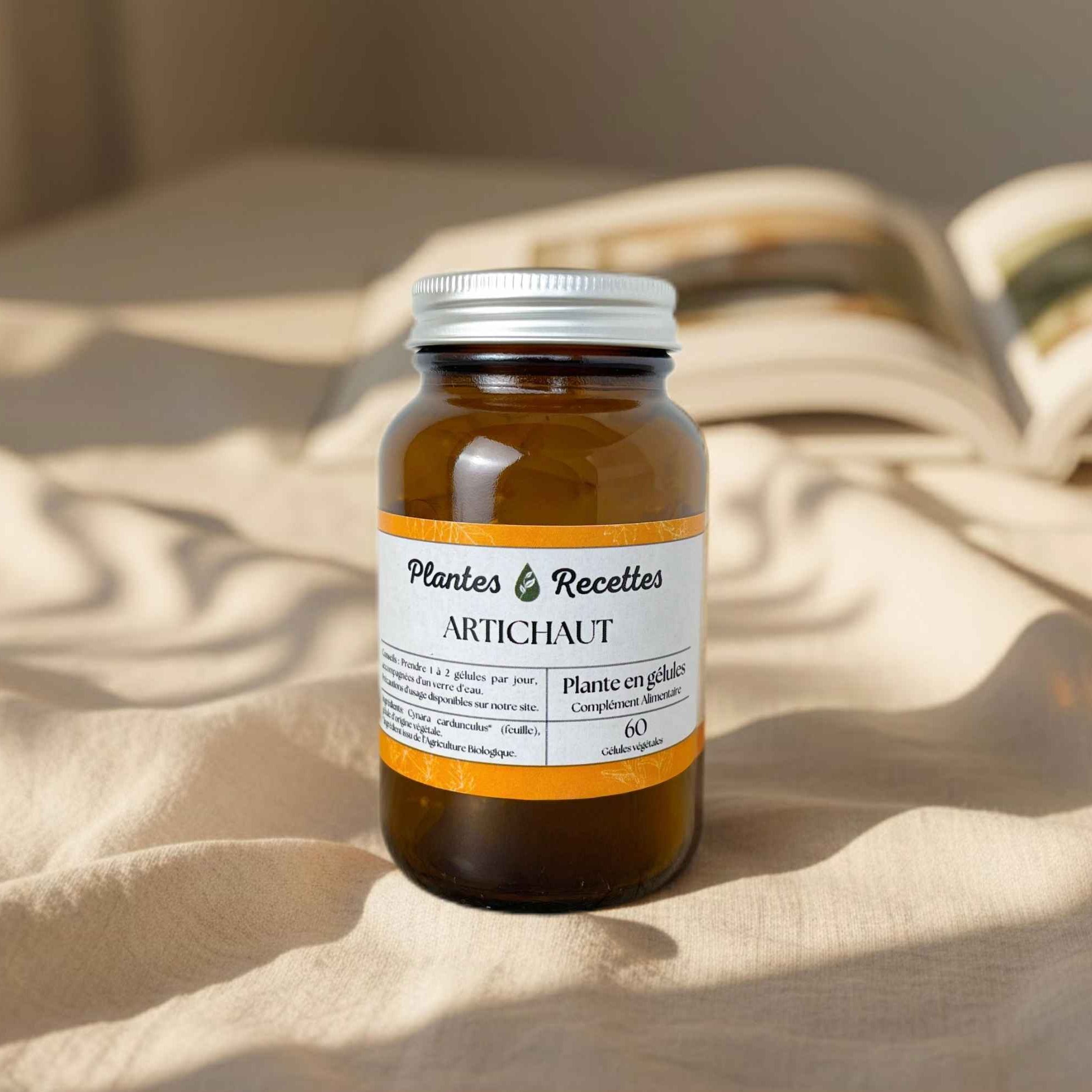Gélules d’artichaut bio Plantes & Recettes, complément naturel pour soutenir la santé du foie et une bonne digestion, qualité herboristerie, fabrication française, capsules végétales vegan en pilulier verre ambré, cure 1 mois.