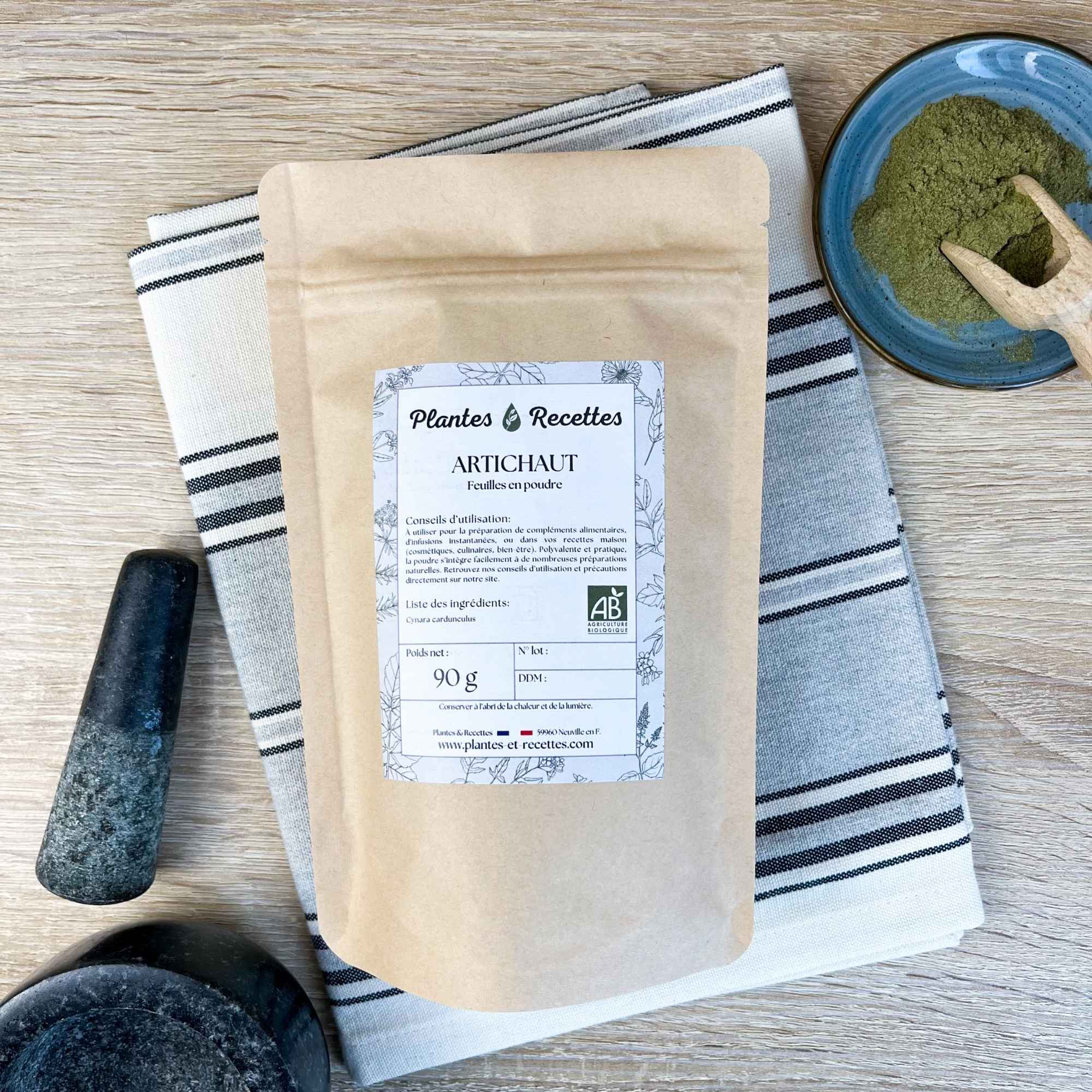 Sachet d’artichaut bio en poudre Plantes & Recettes, qualité herboristerie, conditionné à la main en France.