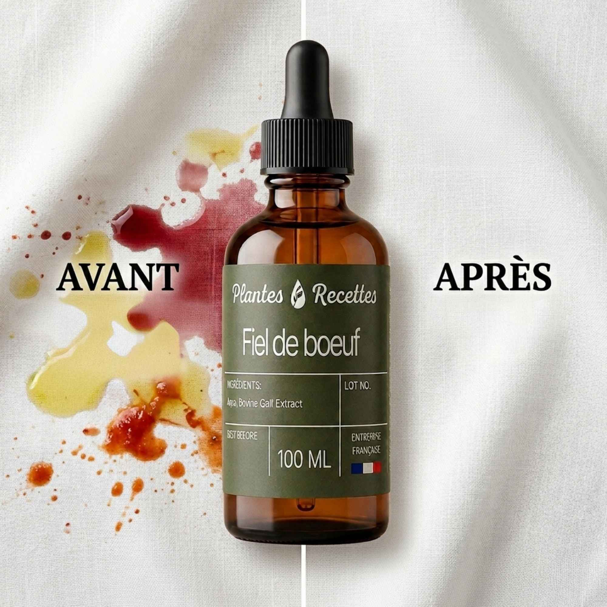 Comparaison avant après utilisation du fiel de bœuf sur des taches textiles