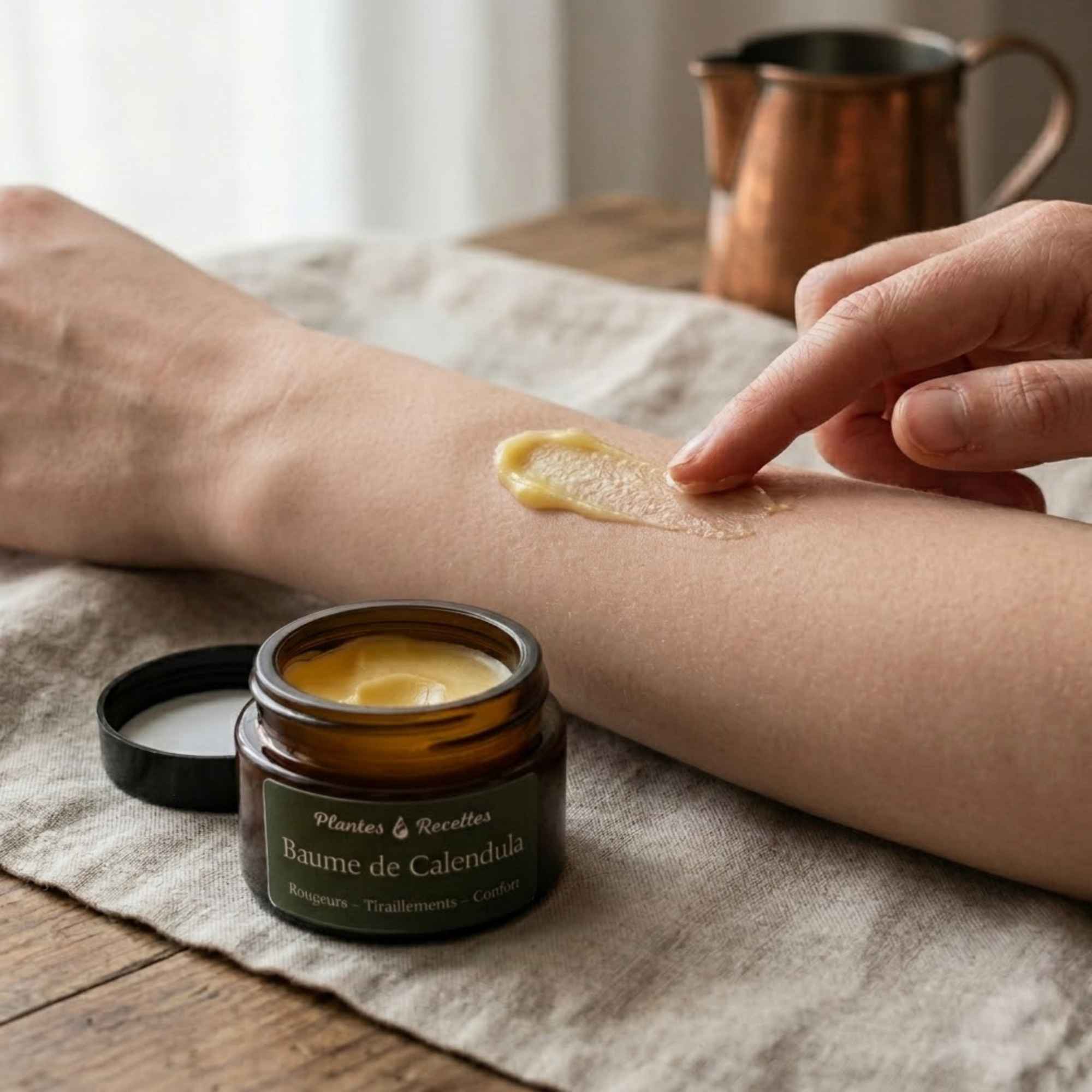 Application du baume de calendula sur la peau pour un soin doux et naturel au quotidien