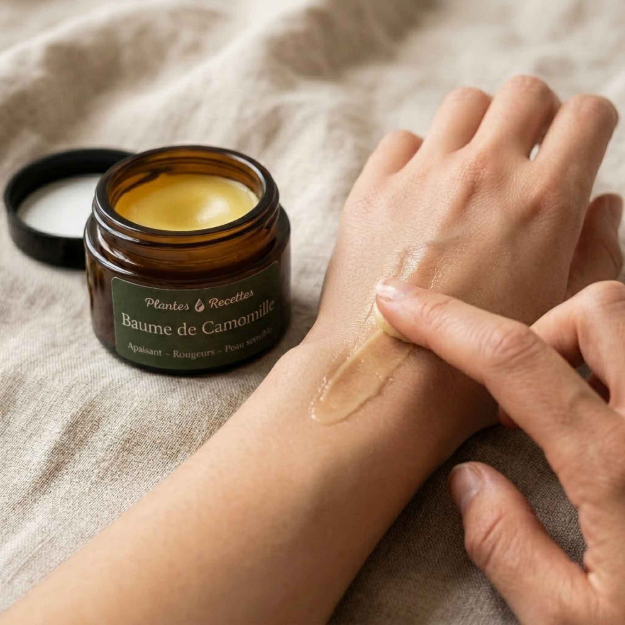 Application du baume de camomille sur la peau pour un soin apaisant au quotidien