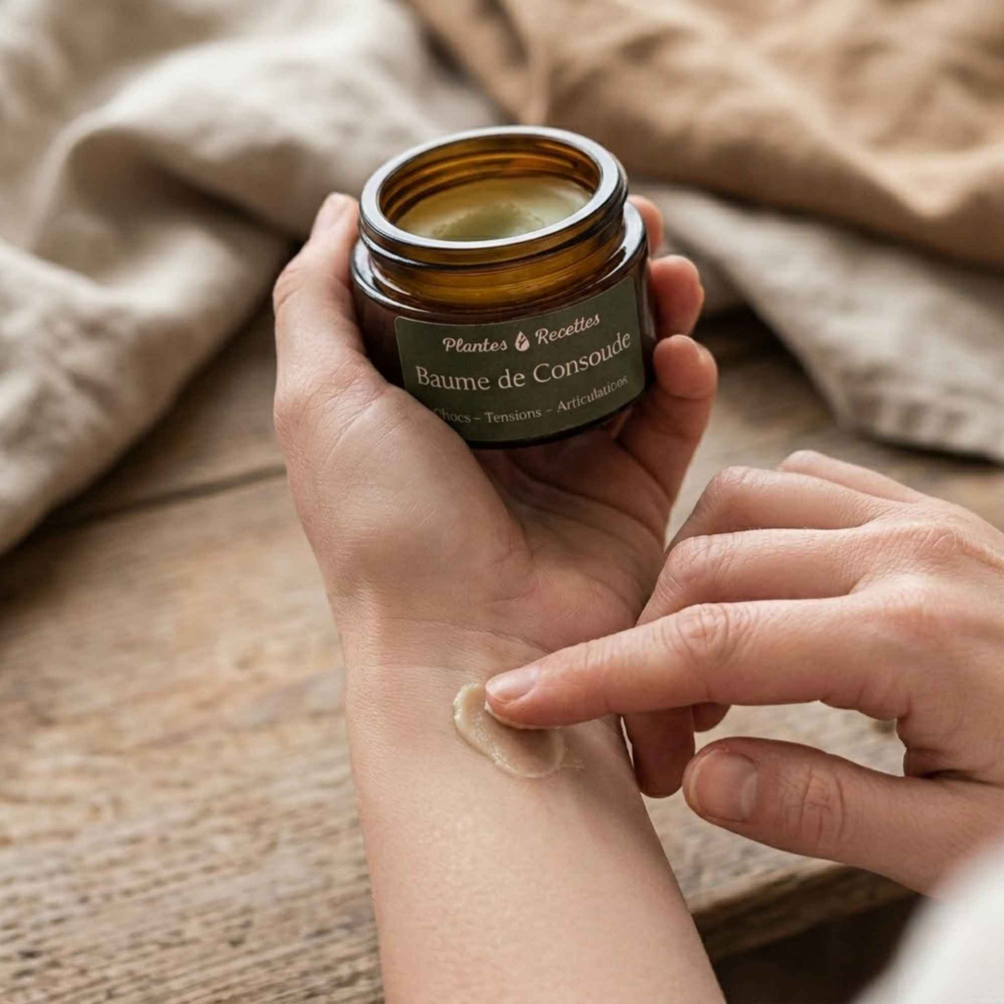 Application du baume de consoude sur la peau pour un soin naturel au quotidien