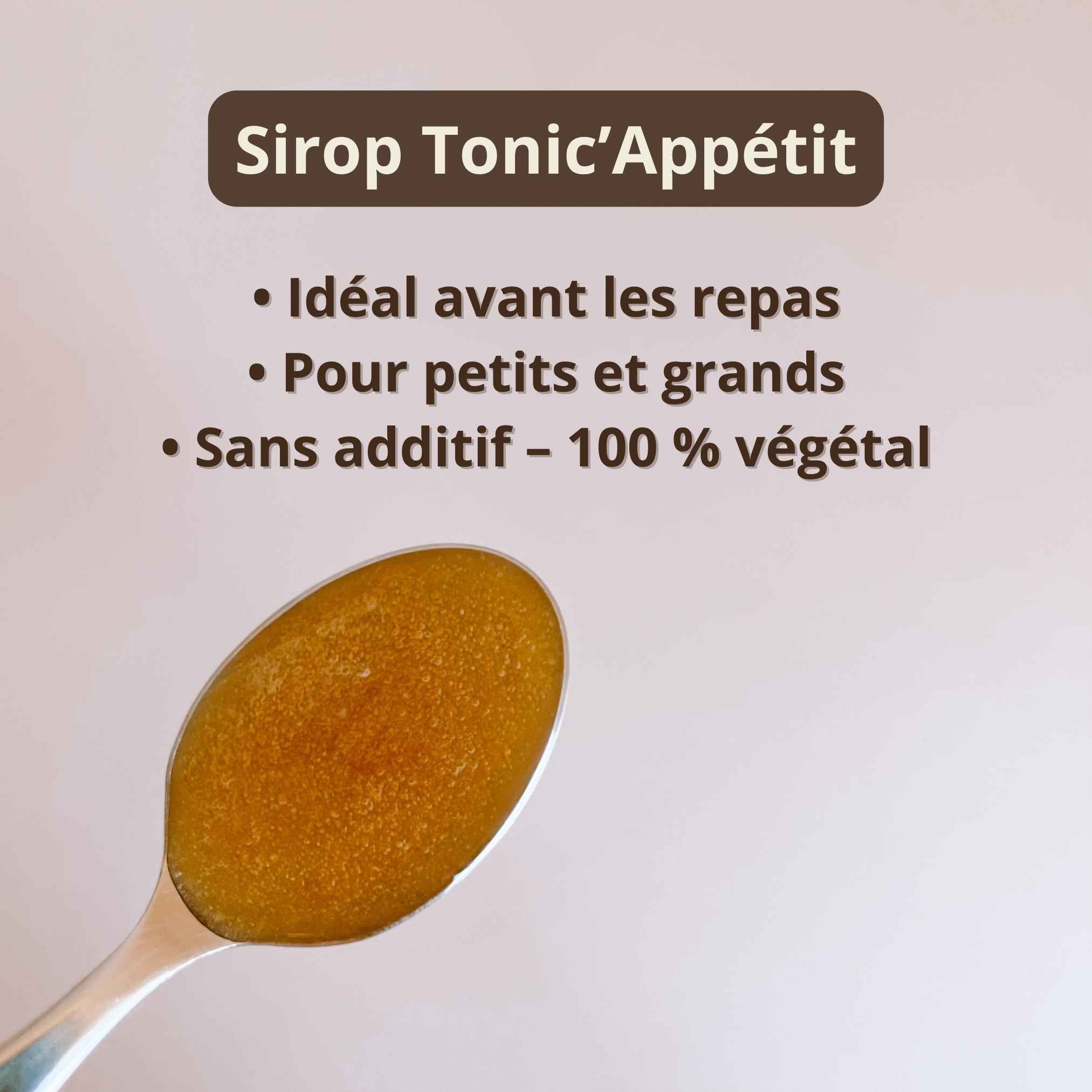 Cuillère de sirop Tonic Appétit fini avec un texte sur ses vertus digestives.