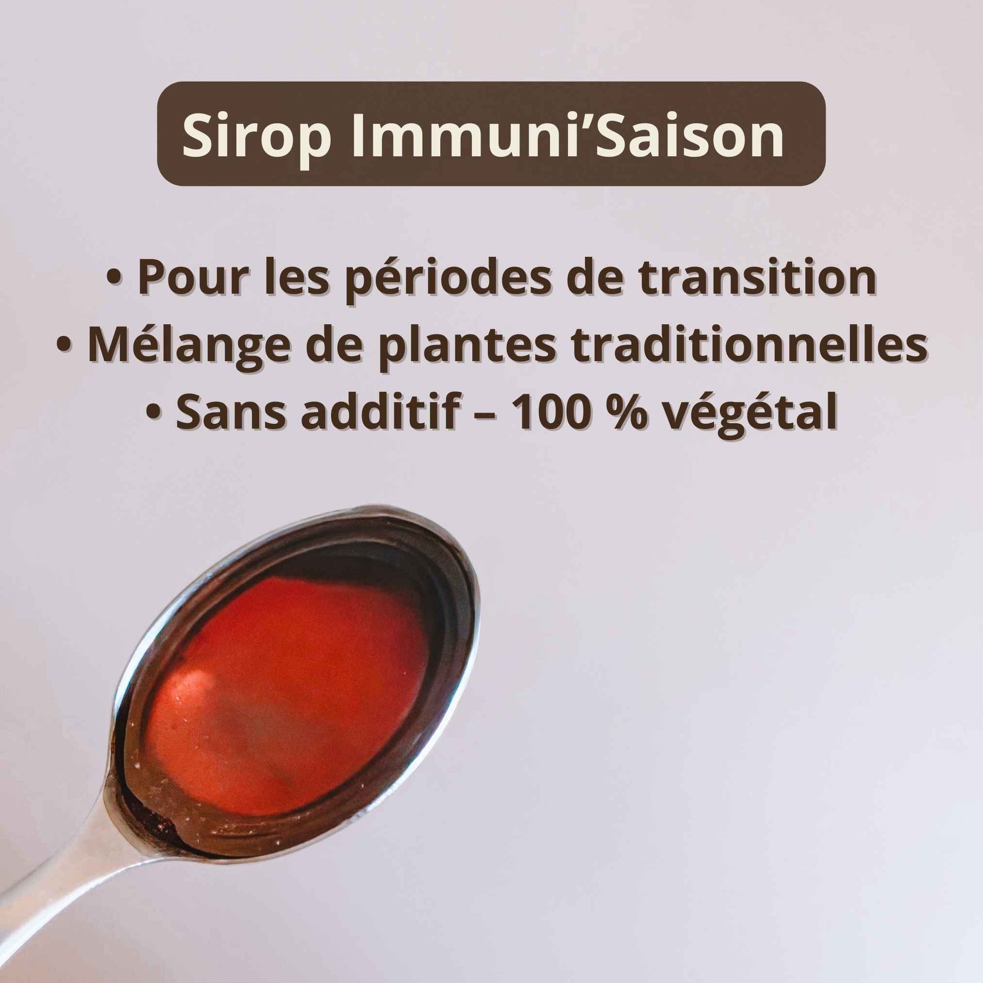 Cuillère de sirop Immuni Saison fini avec texte explicatif sur ses vertus naturelles.