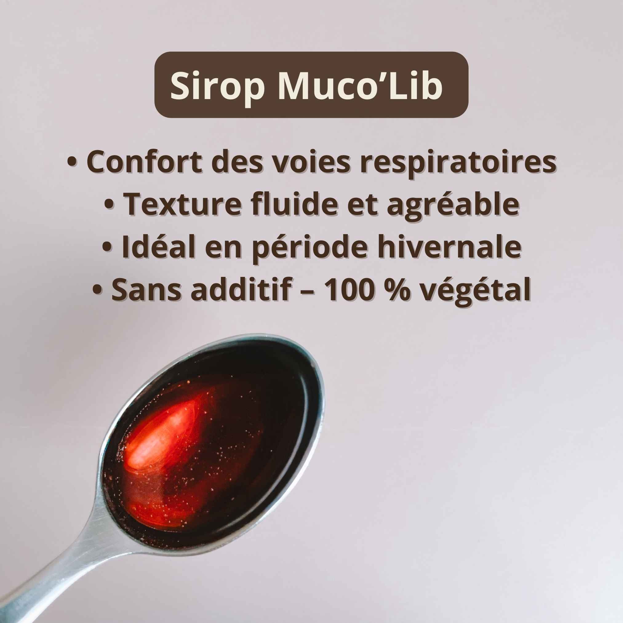 Cuillère de sirop de plantes Muco Lib fini mettant en avant ses propriétés naturelles.