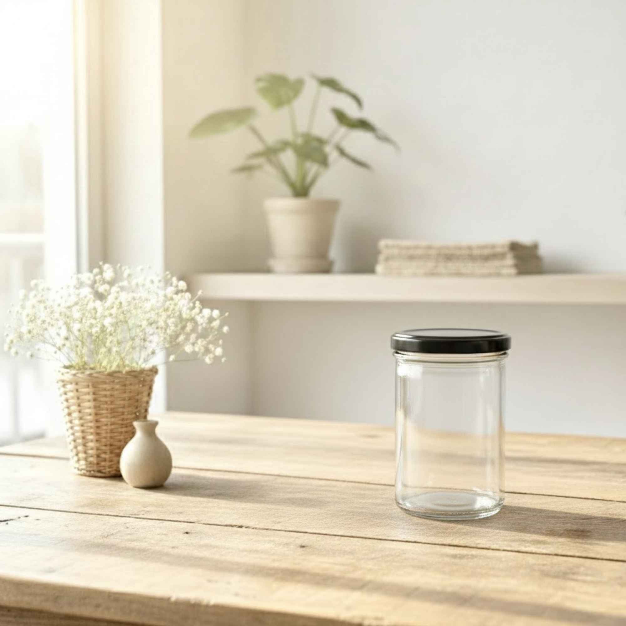 Bocal en verre 430 ml avec large ouverture et couvercle en métal noir à visser pour un usage pratique au quotidien