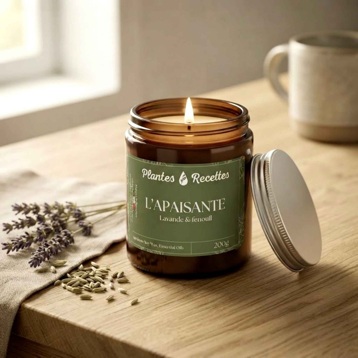 Bougie parfumée L’Apaisante de 200 g aux huiles essentielles de lavande et de fenouil.