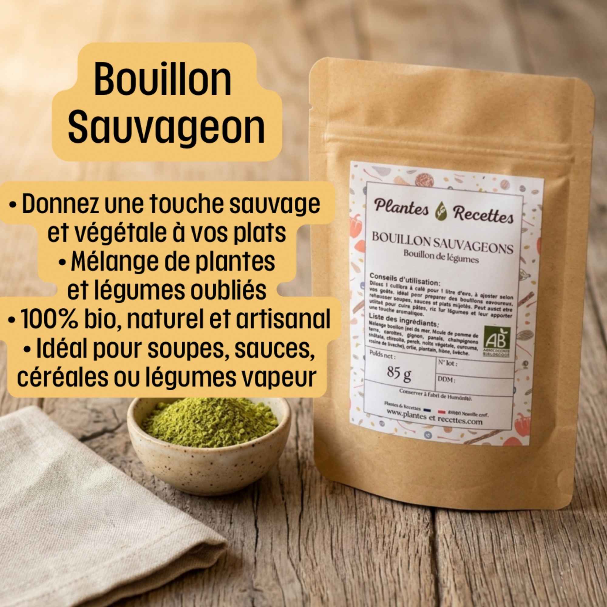 Bouillon en poudre aux plantes sauvages idéal pour soupes et plats mijotés