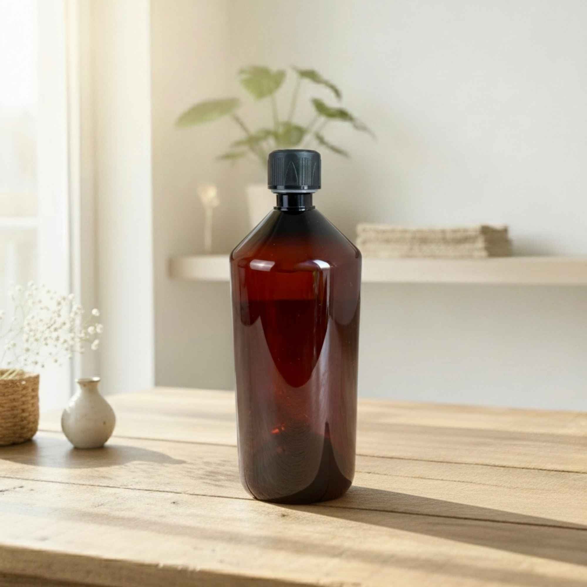 Bouteille PET ambrée 1000 ml signée Plantes & Recettes.