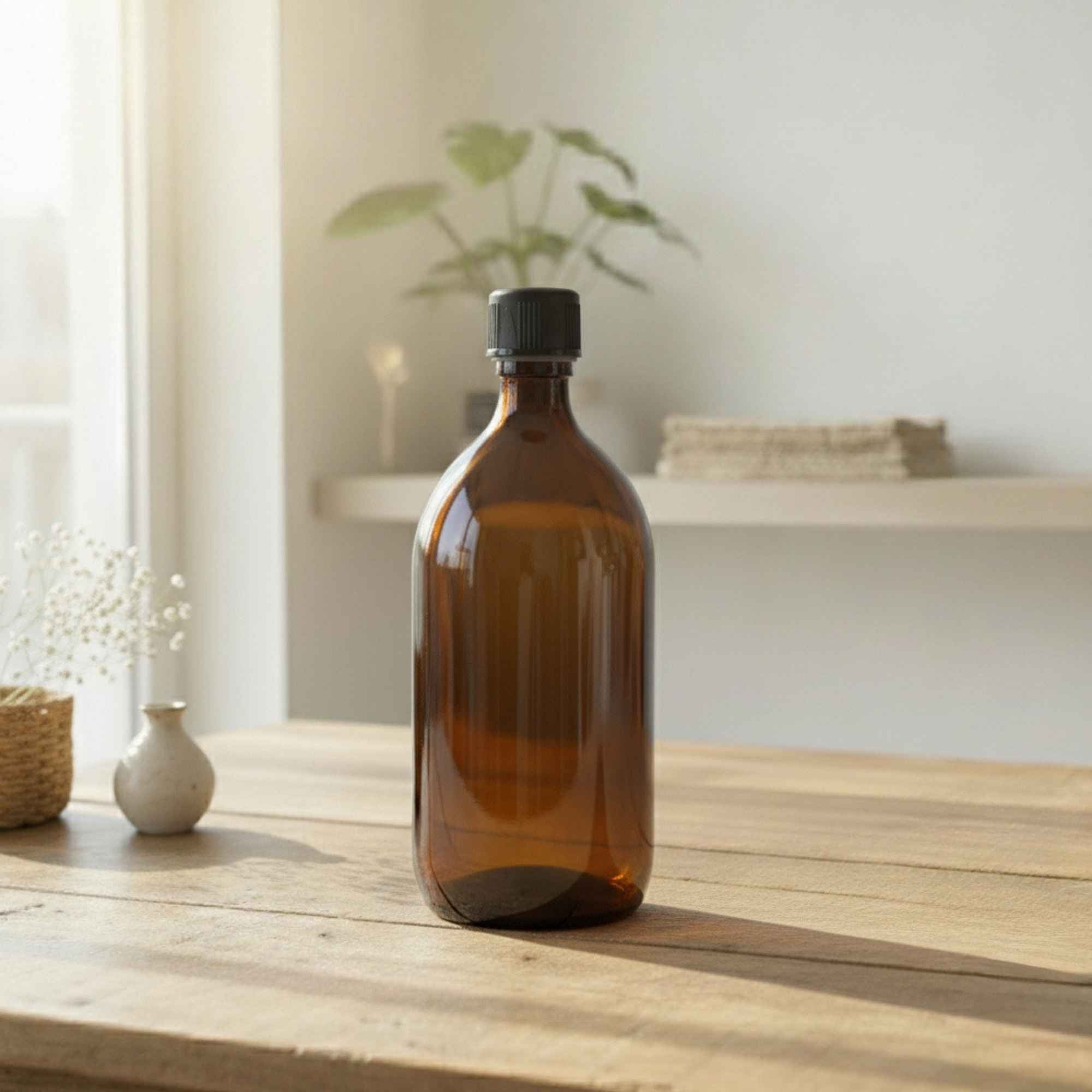 Bouteille ambrée 1 litre Plantes & Recettes, parfaite pour préparations maison.