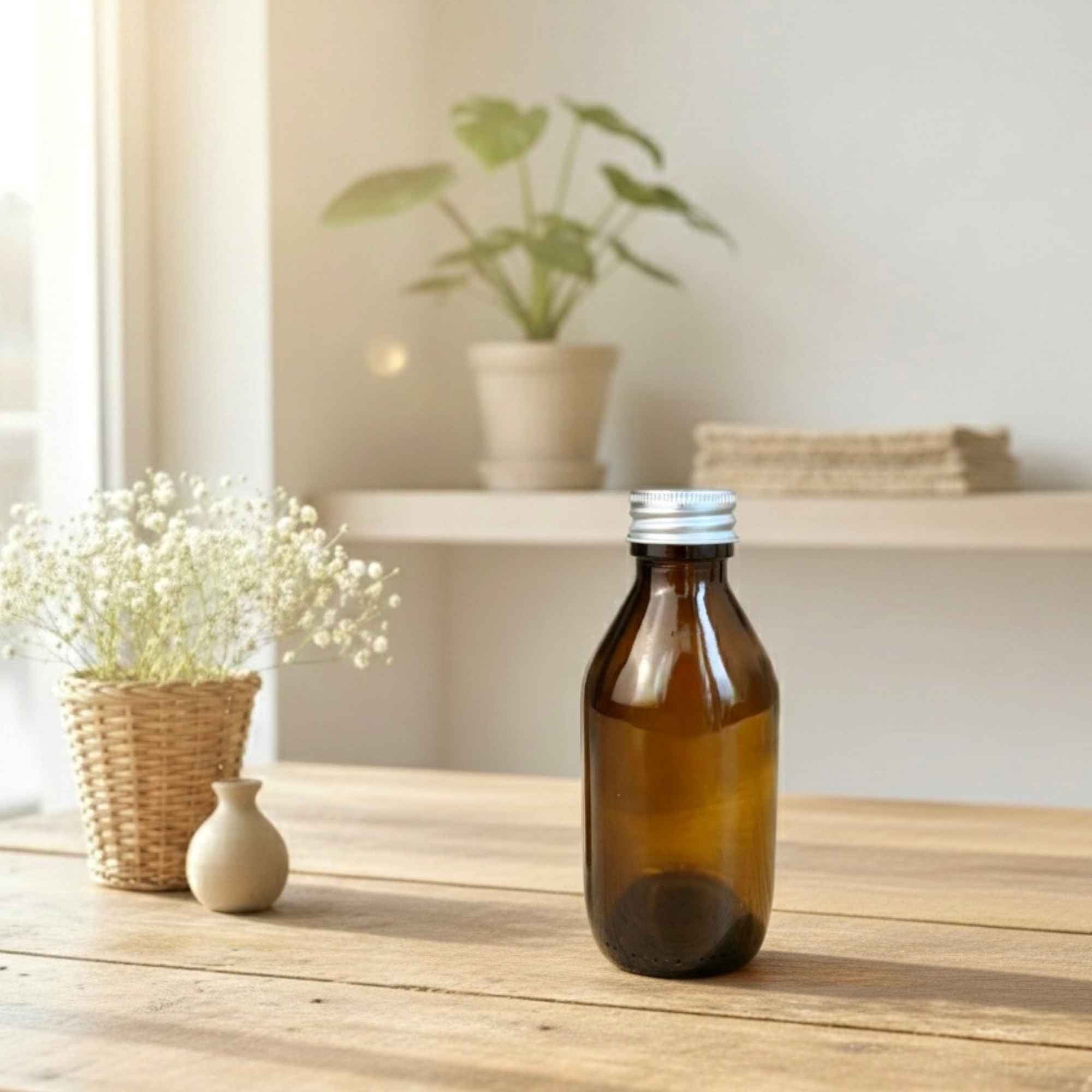 Bouteille en verre ambré pour sirops, huiles et recettes naturelles maison.