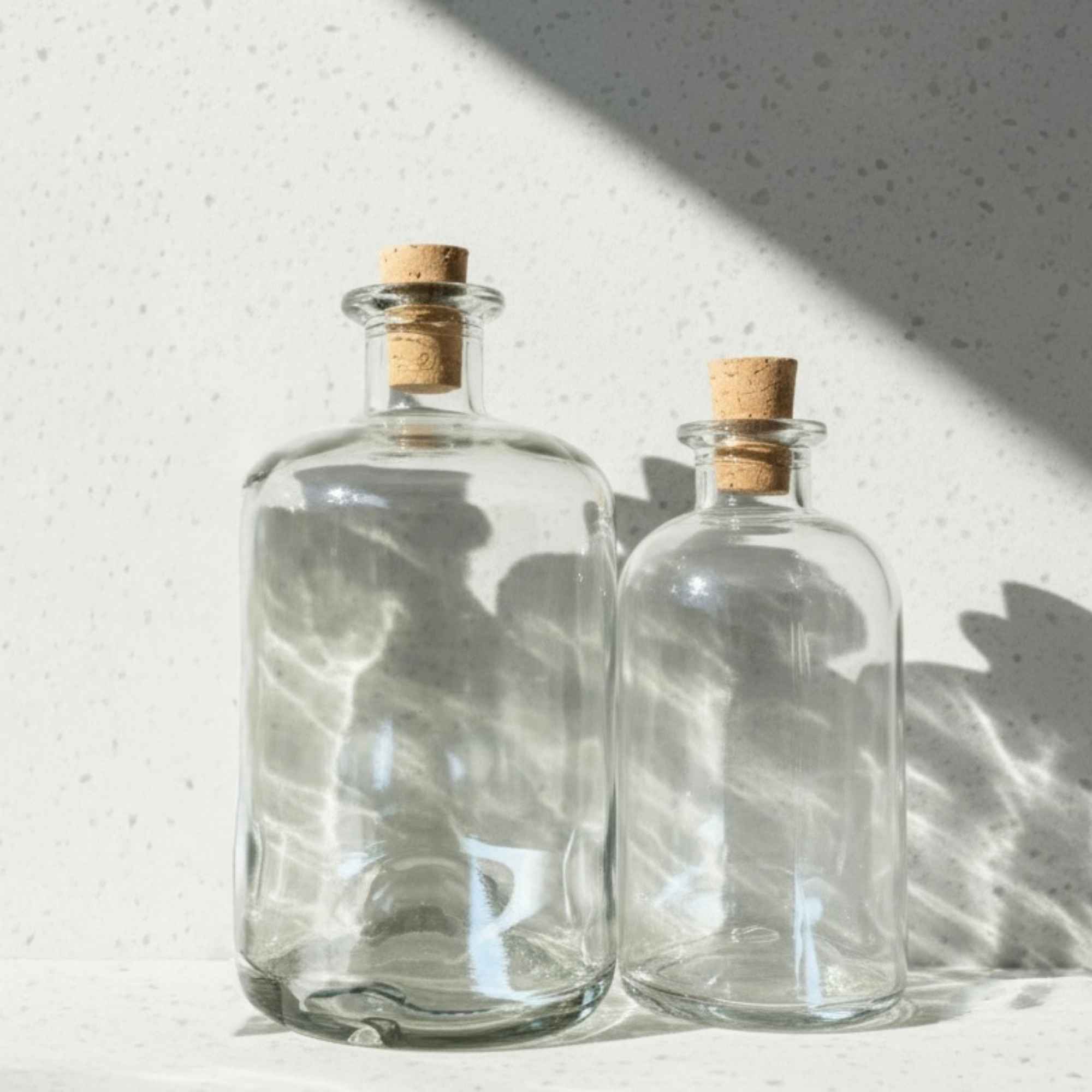 Flacons en verre transparents pour sirops, huiles et préparations d’herboristerie.