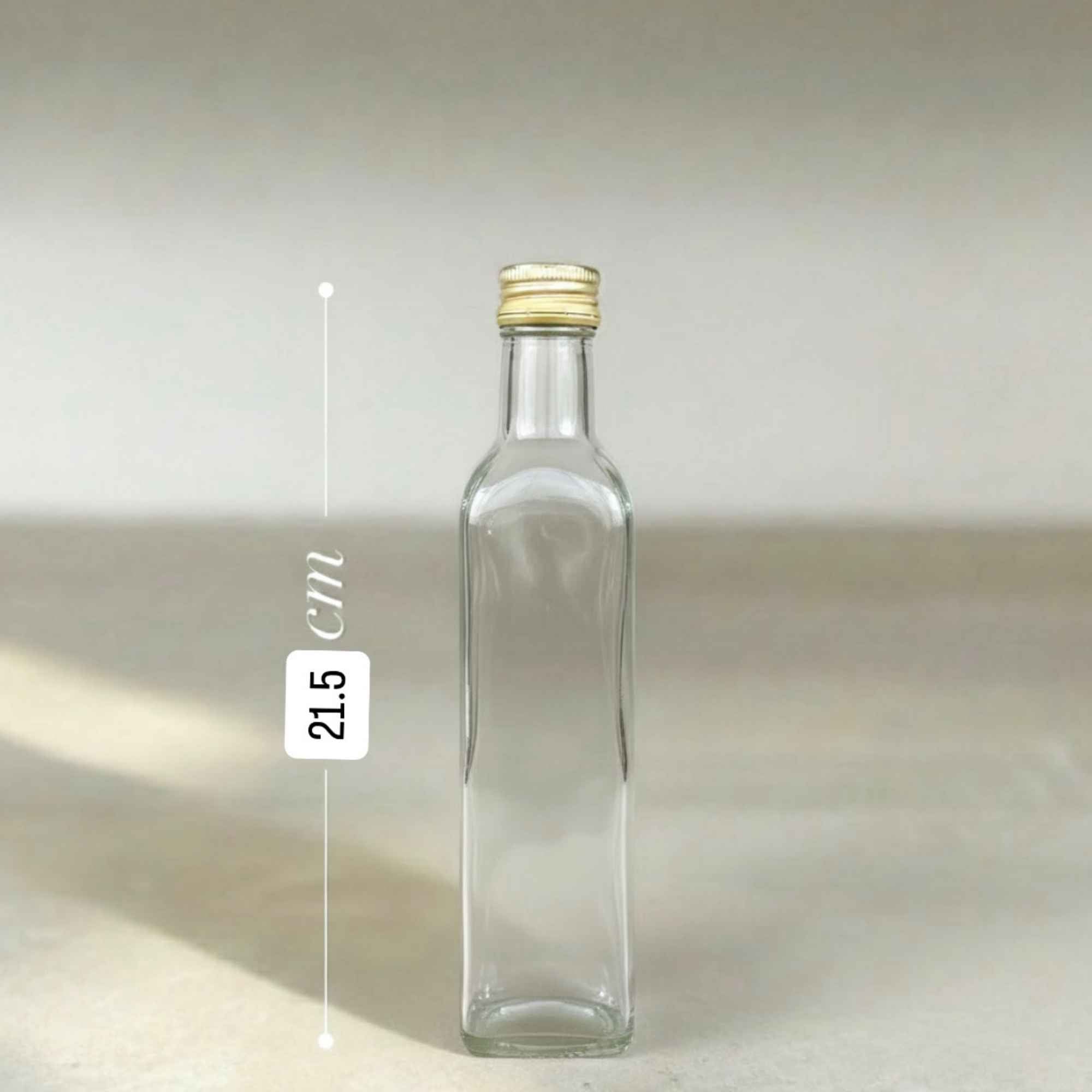 Bouteille à huile et vinaigre en verre transparent 250 ml avec bouchon à vis, idéale pour vinaigres et sauces maison.