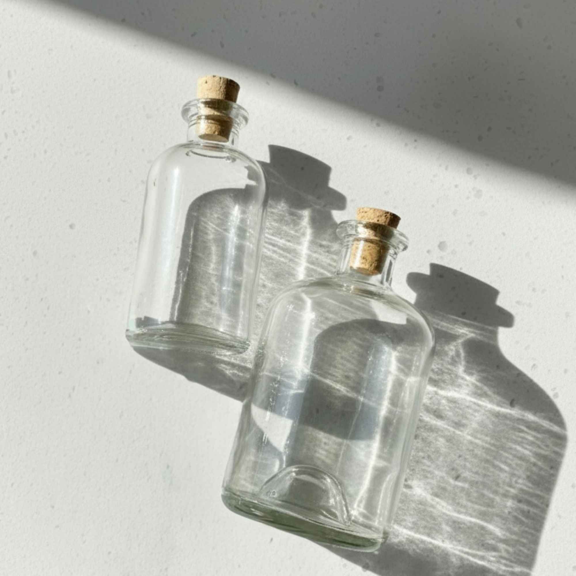 Bouteilles apothicaires rondes en verre clair 250 ml et 500 ml avec bouchon en liège naturel.