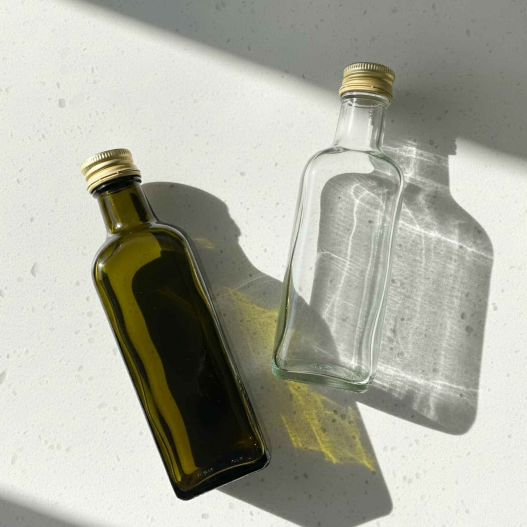 Bouteilles à huile et vinaigre en verre 250 ml, en version verre vert et verre transparent, pour préparations maison.