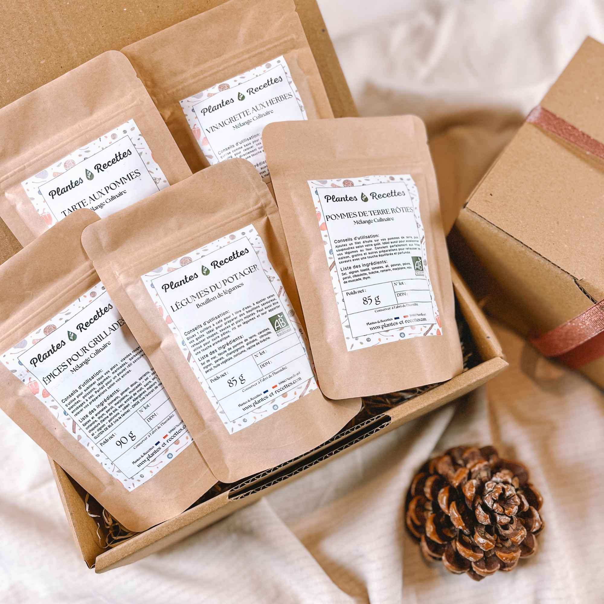 Coffret Épices & Découvertes avec une sélection de mélanges aromatiques naturels, présenté par Plantes & Recettes