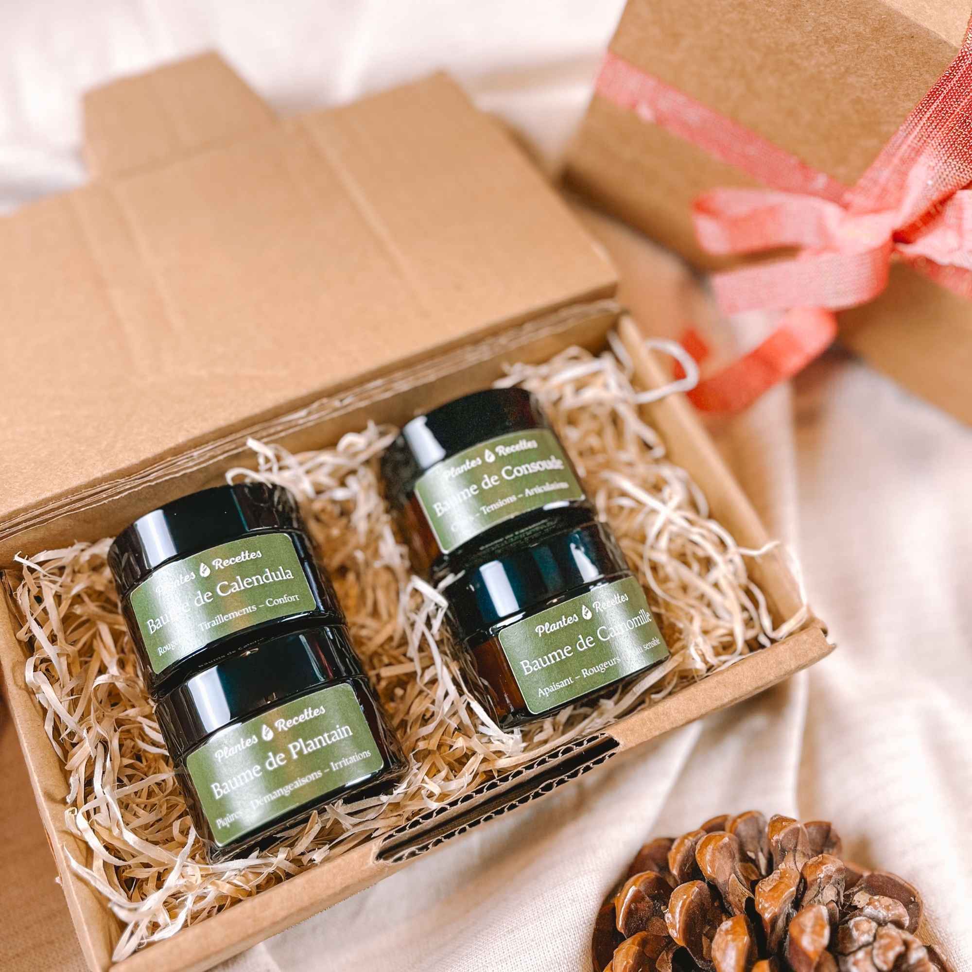 Coffret Les Baumes Essentiels avec une sélection de baumes naturels pour le soin de la peau, présenté par Plantes & Recettes