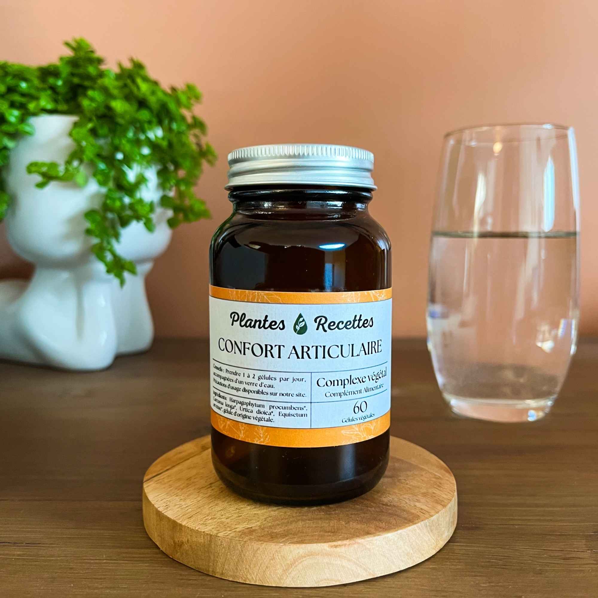 Complexe confort articulaire bio Plantes & Recettes, gélules végétales, qualité herboristerie, fabrication française, pilulier verre ambré, cure 1 mois.