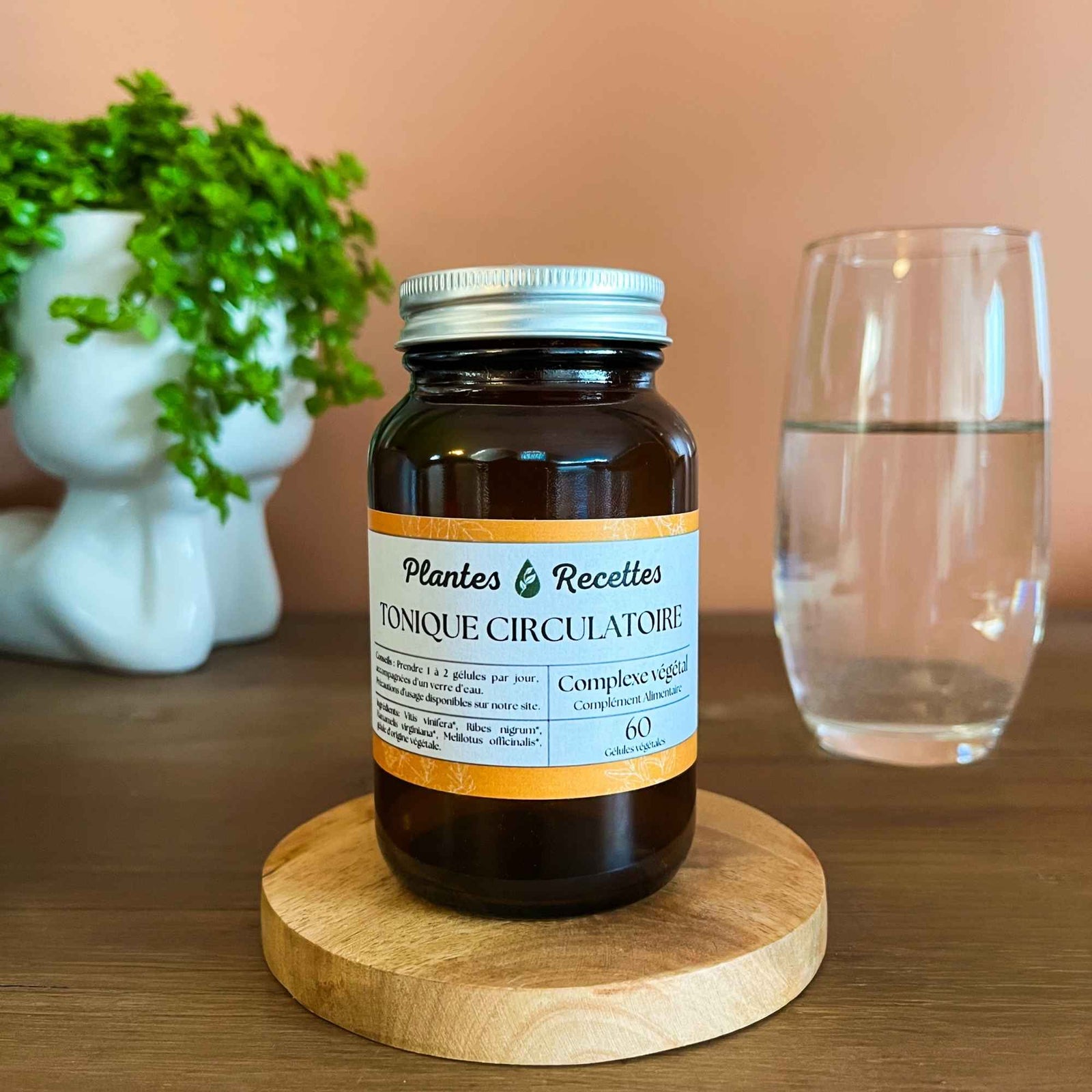 Complexe tonique circulatoire bio Plantes & Recettes, gélules végétales, qualité herboristerie, fabrication française, pilulier verre ambré, cure 1 mois.