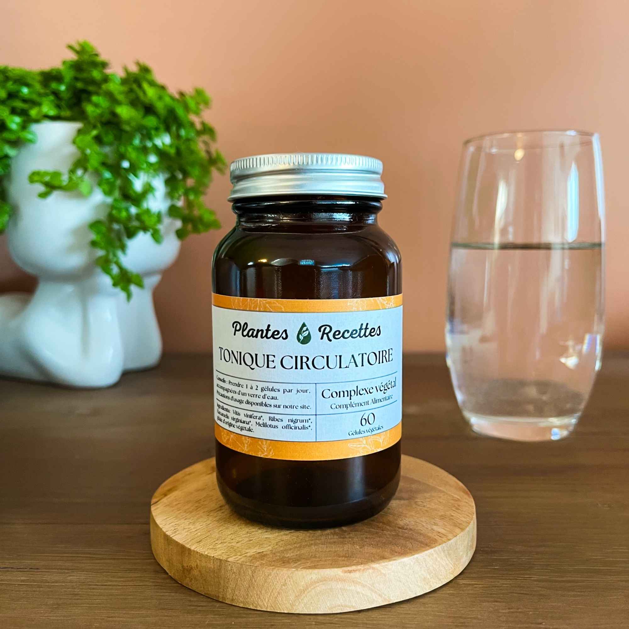 Complexe tonique circulatoire bio Plantes & Recettes, gélules végétales, qualité herboristerie, fabrication française, pilulier verre ambré, cure 1 mois.
