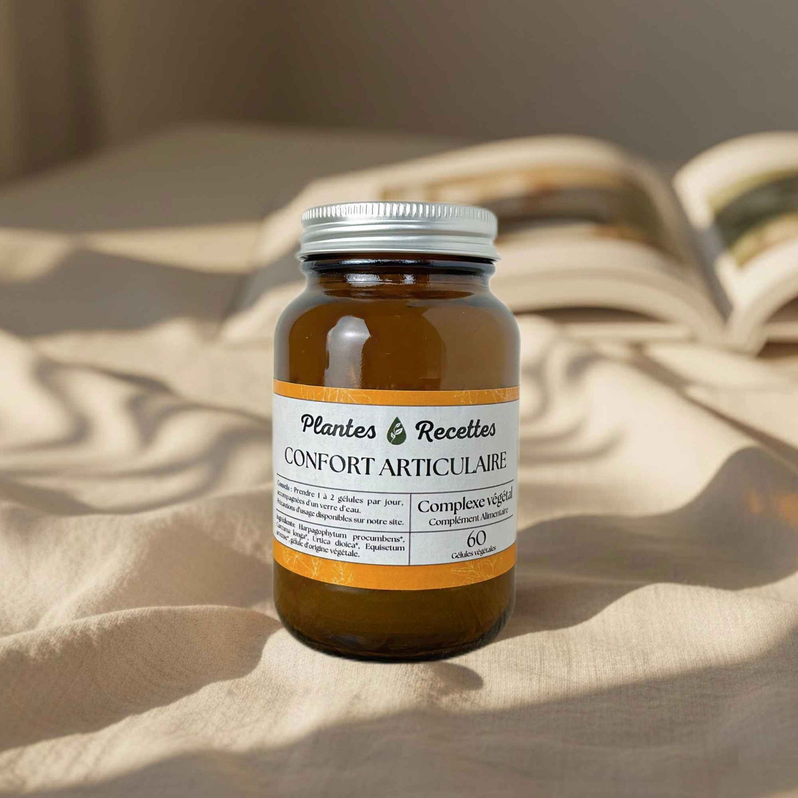 Gélules Confort Articulaire bio Plantes & Recettes, complexe de plantes pour le confort des articulations et pour favoriser la mobilité, qualité herboristerie, fabrication française, capsules végétales vegan en pilulier verre ambré, cure 1 mois.