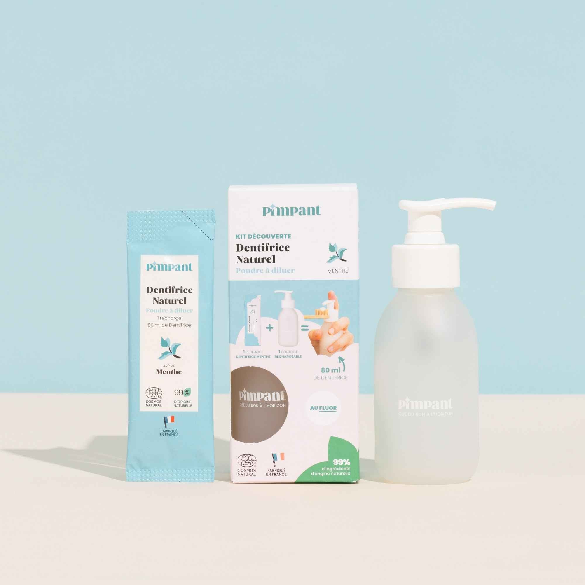 Dentifrice Pimpant à la menthe au fluor, recharge à diluer. Naturel, certifié Ecocert, efficace contre les caries, disponible en kit découverte avec flacon Pimpant réutilisable.