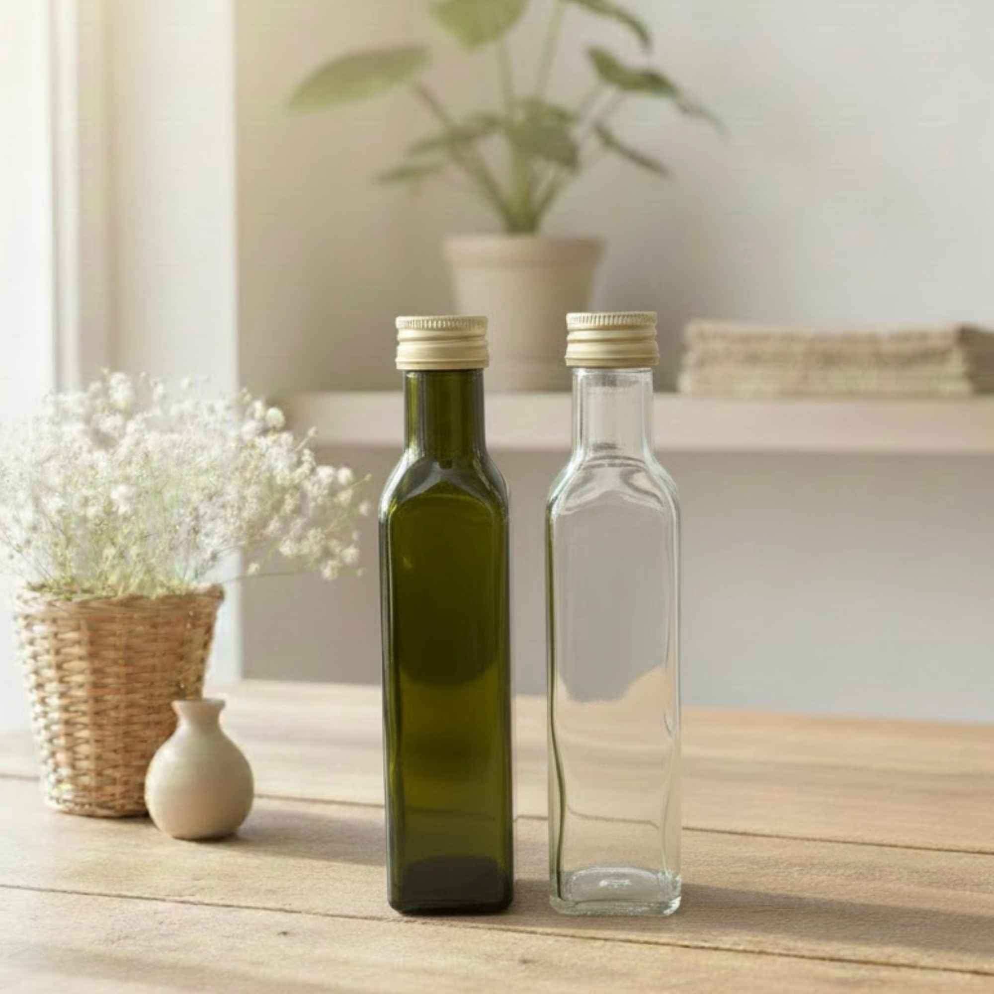 Détail d’une bouteille en verre 250 ml pour huile ou vinaigre, montrant la forme, le verre et le bouchon à vis.