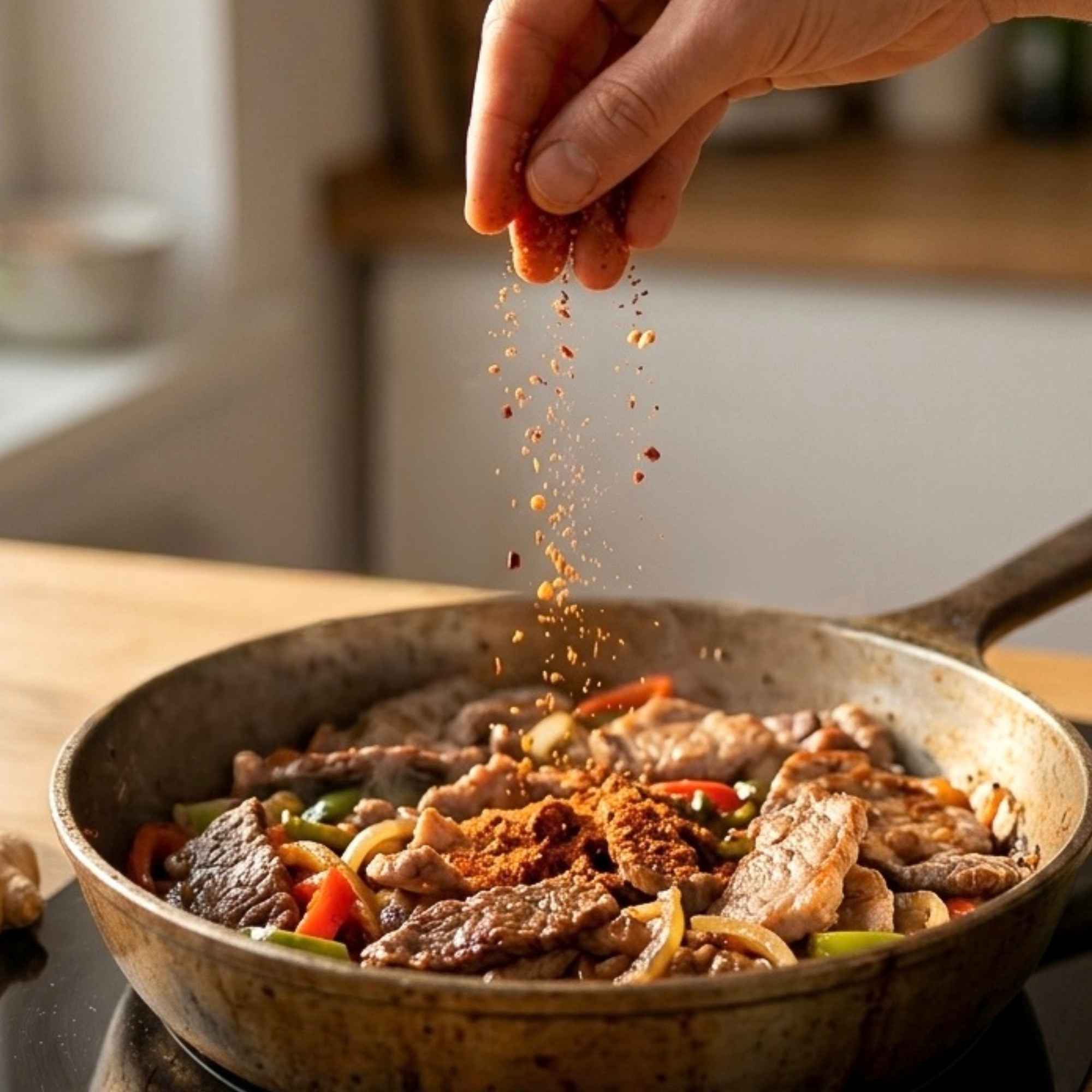 Épices Barbecue Coréen Bio saupoudrées sur une poêlée de viande et de légumes