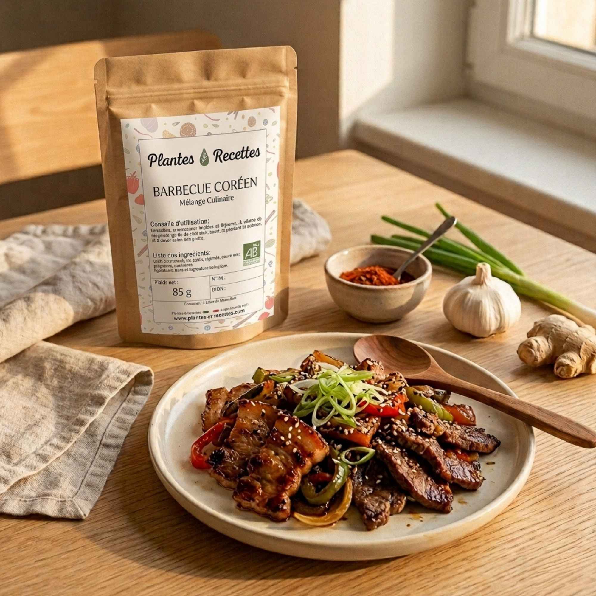 Épices Barbecue Coréen Bio Plantes & Recettes accompagnées d’un plat de viande et légumes grillés