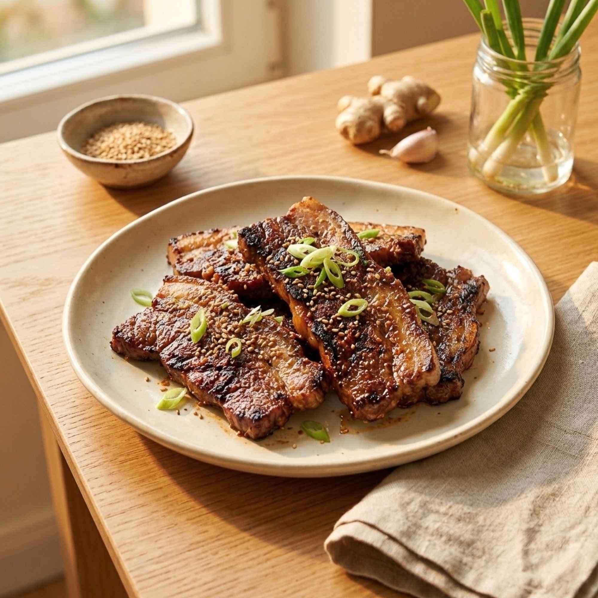 Viande grillée assaisonnée avec notre mélange d’épices Barbecue Coréen Bio