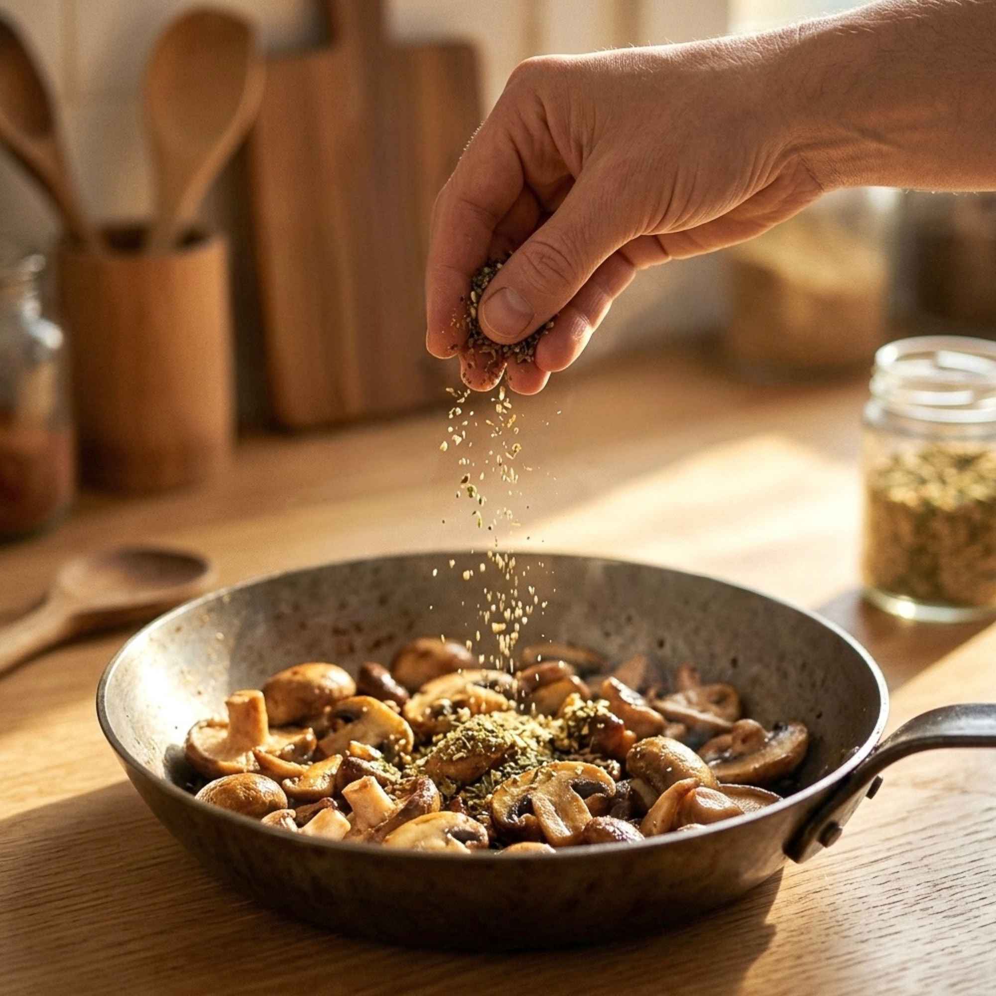 Mélange d’épices Poêlée de Champignons Bio ajouté sur des champignons pendant la cuisson