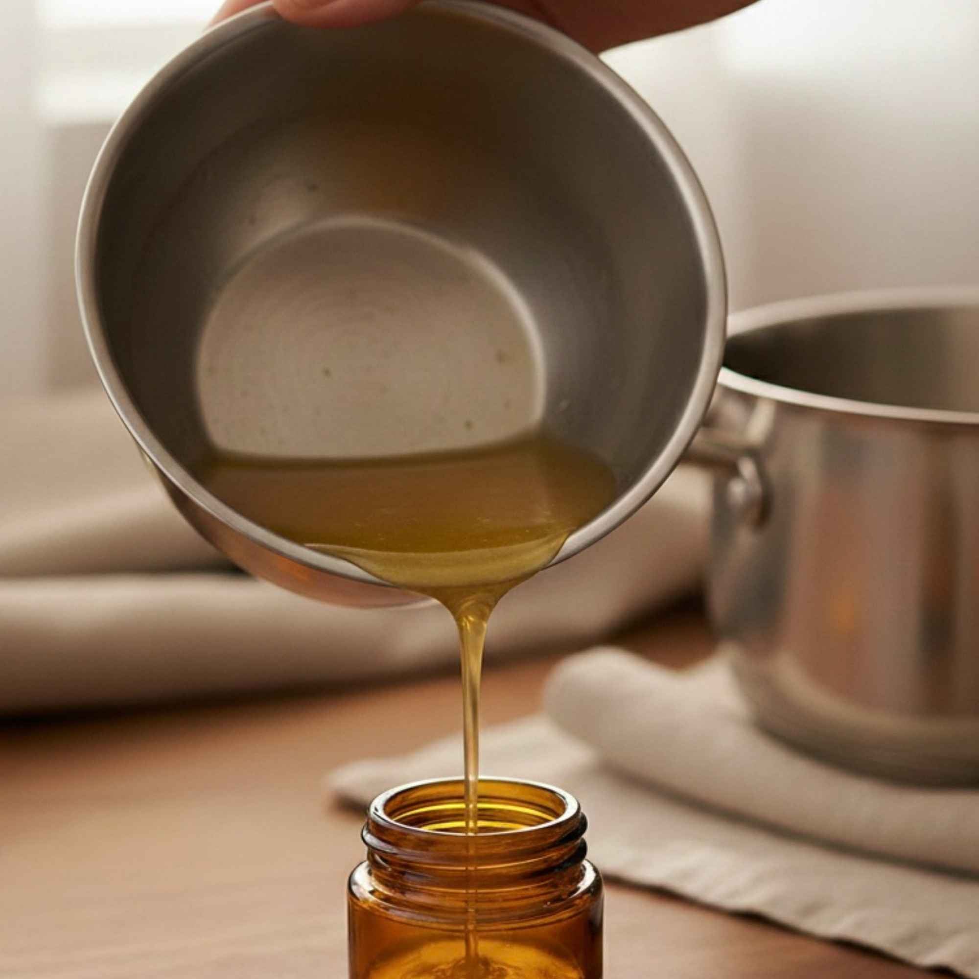 Préparation du baume à lèvres au calendula lors de la recette maison, mélange fondu versé dans un pot à baume en verre.