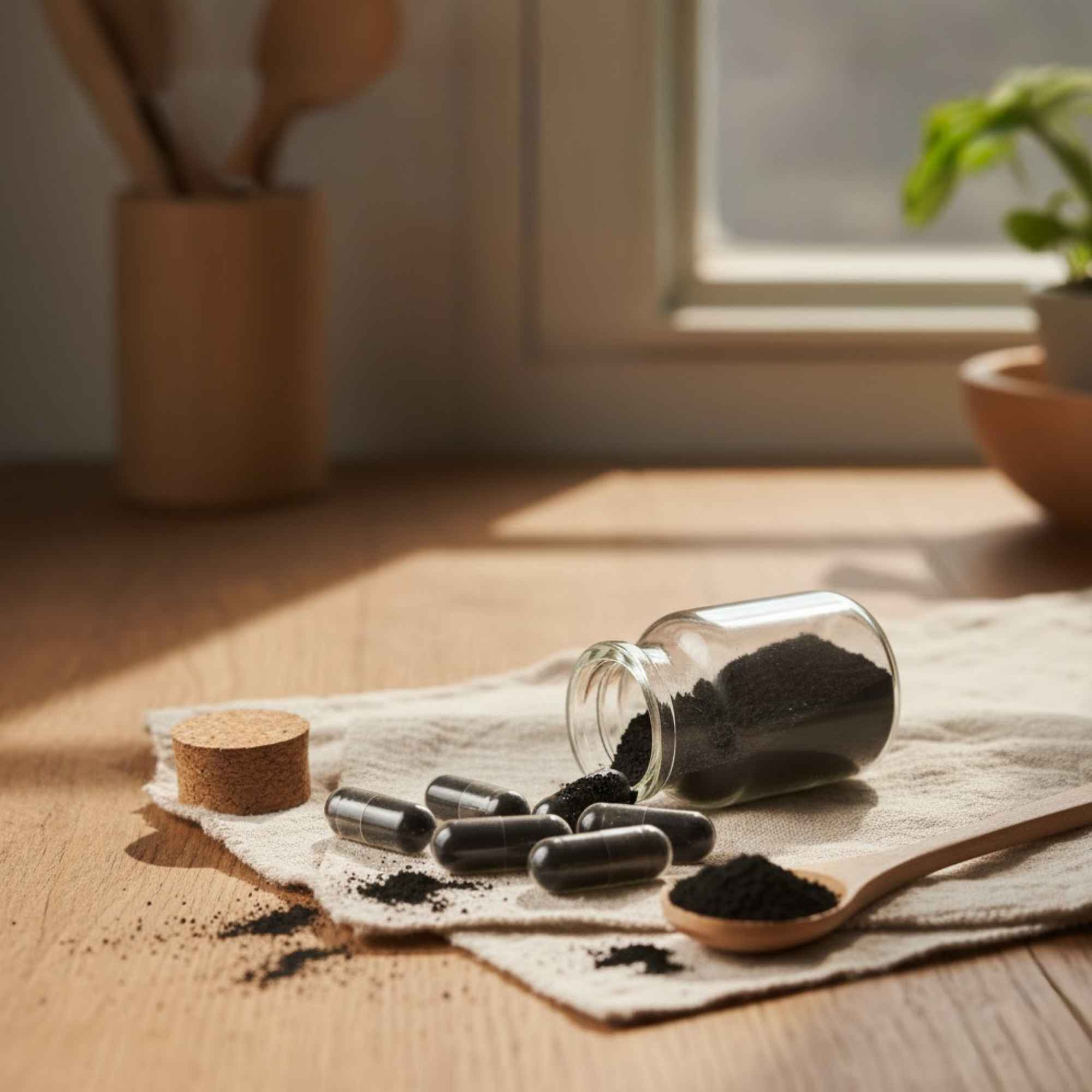 Fabrication de gélules maison avec du charbon actif végétal Plantes & Recettes, poudre naturelle pour préparations bien-être et détox.