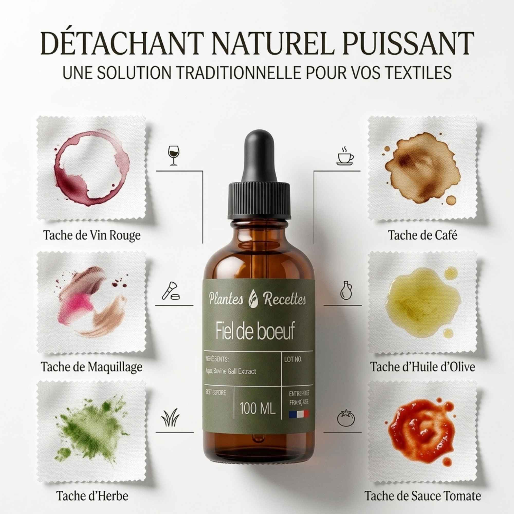 Fiel de bœuf détachant naturel utilisé contre les taches de vin, café, maquillage, herbe et graisse