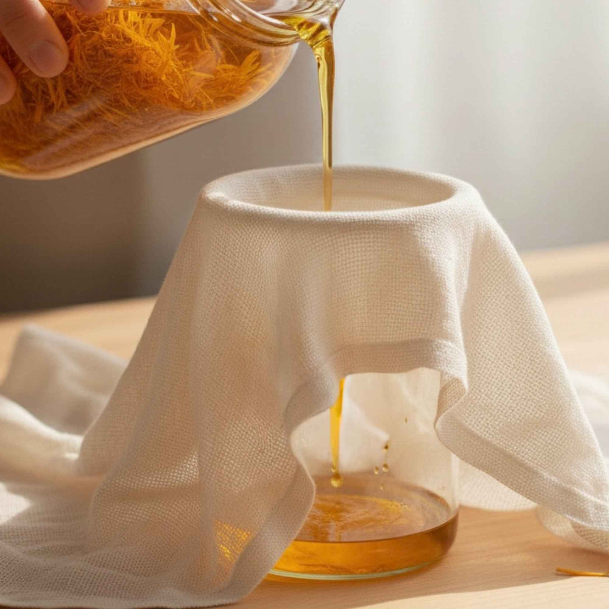 Filtration d’une huile de soin au calendula à l’aide d’une étamine en coton et d’un entonnoir, lors de la préparation maison