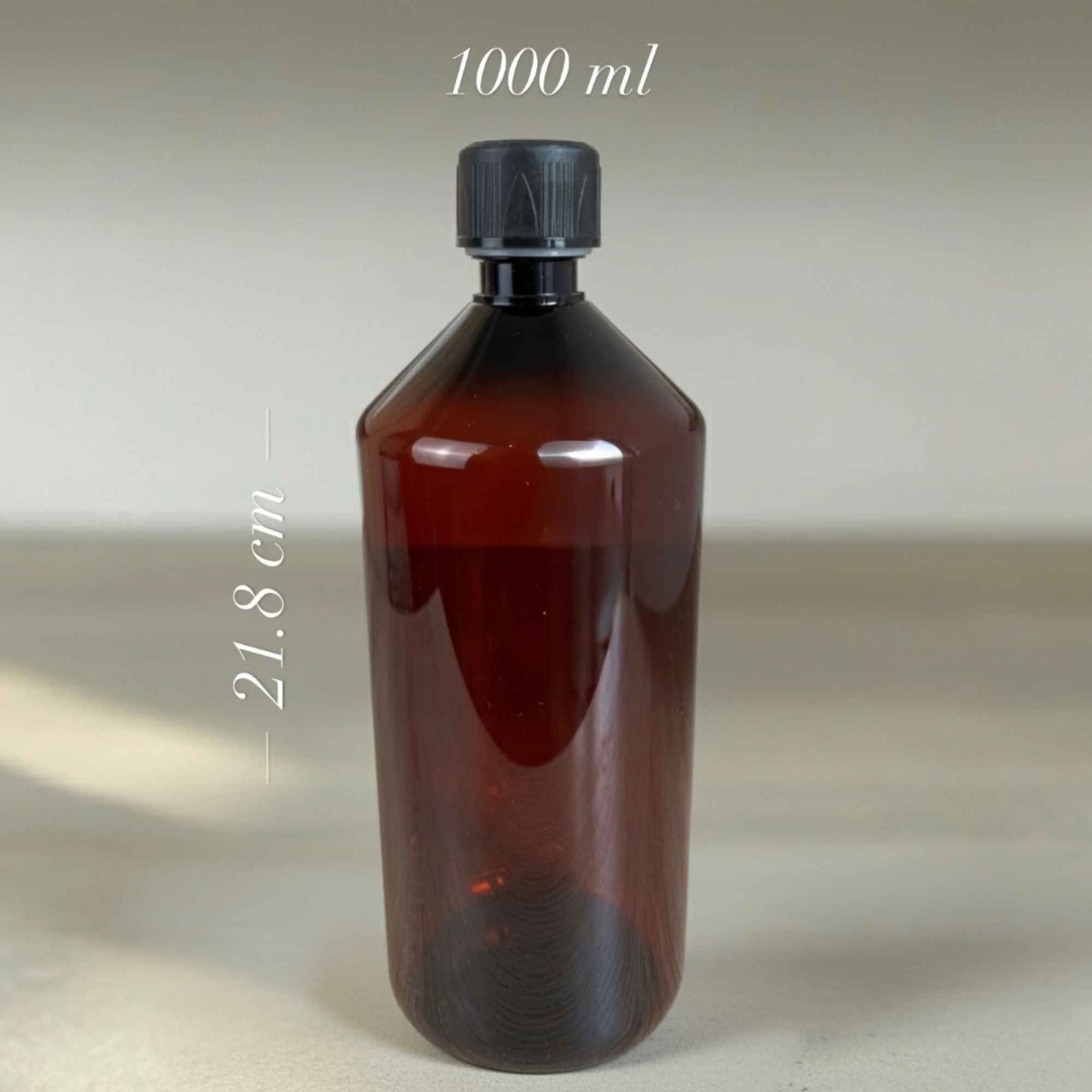 Bouteille PET ambrée qualité pharmaceutique, légère et réutilisable.