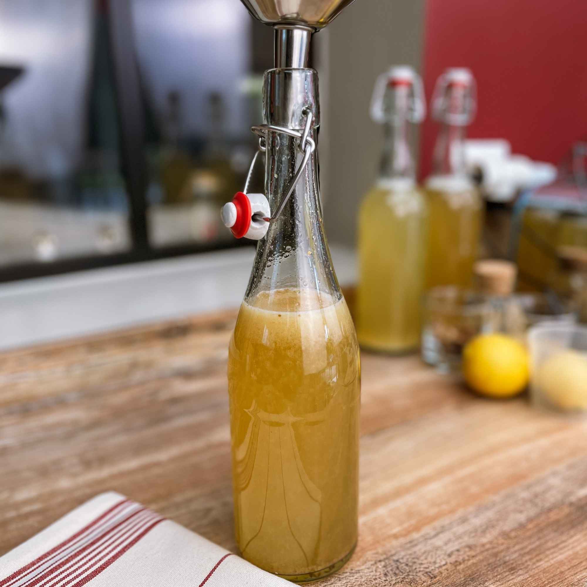 Bouteille de fermentation Plantes & Recettes, en verre épais et bouchon porcelaine.