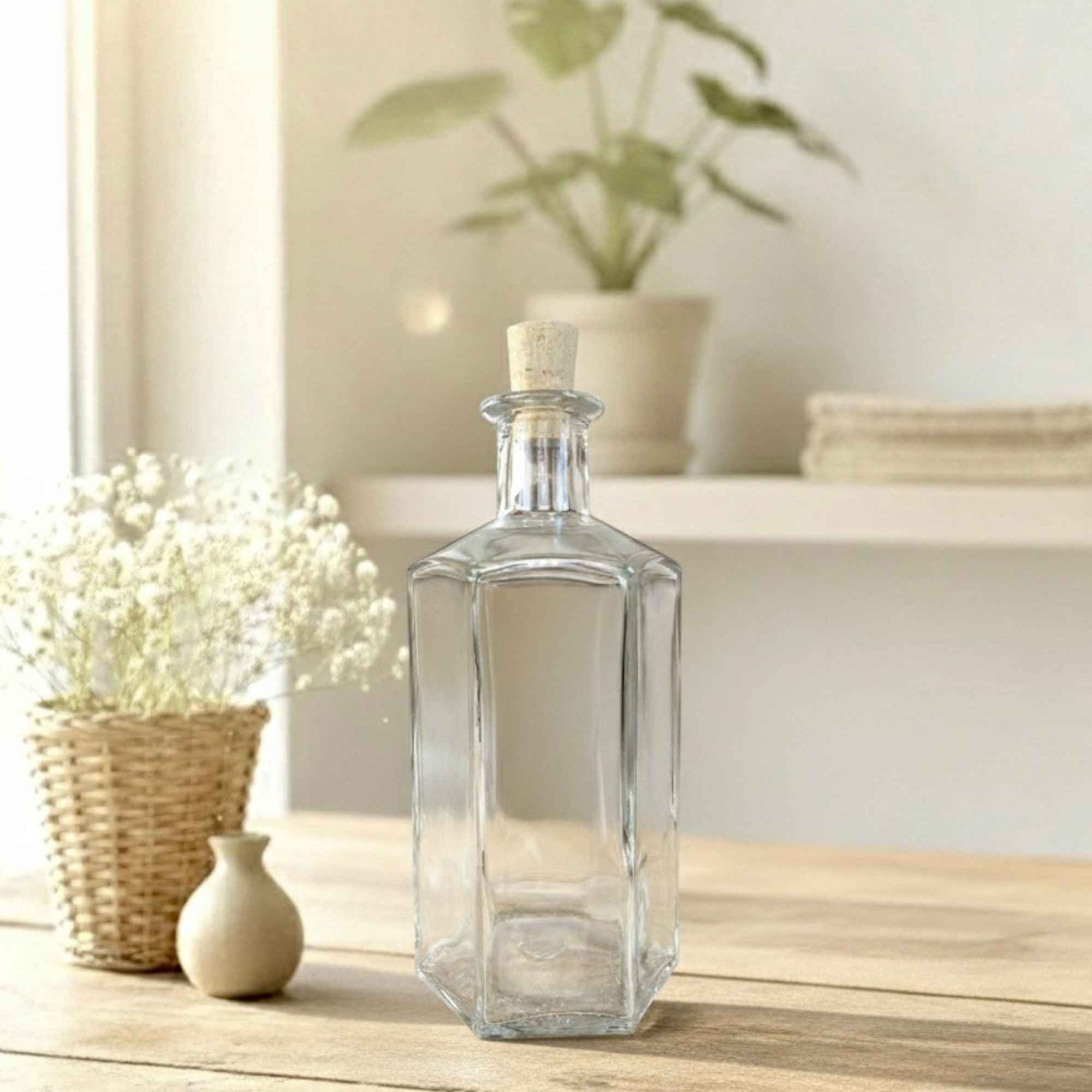 Bouteille hexagonale en verre réutilisable pour les préparations artisanales.