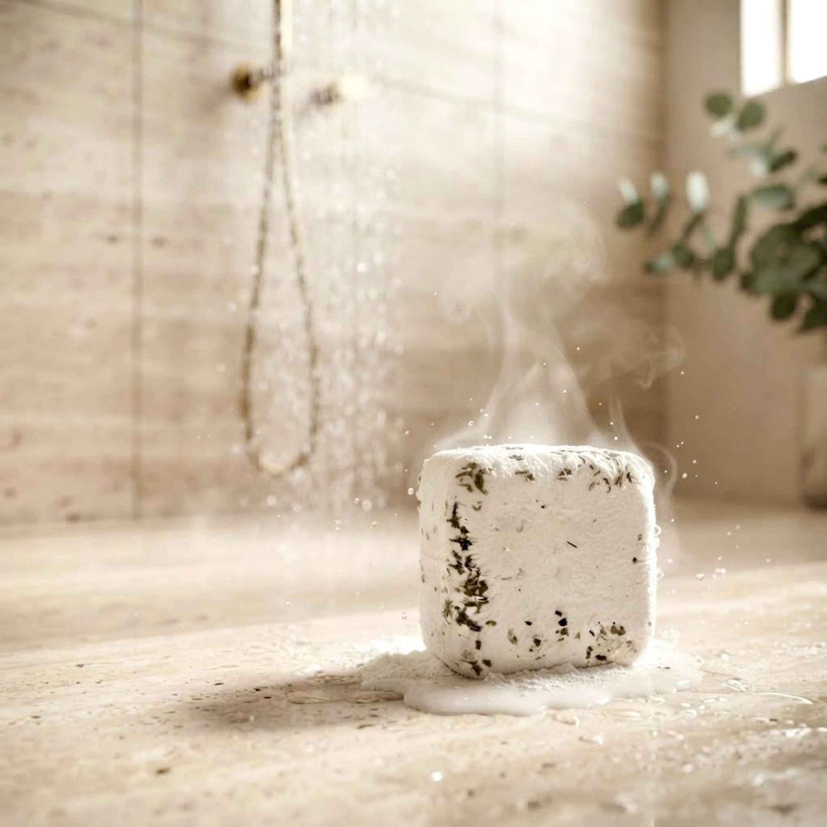 Détail du galet de douche à la menthe et à l’eucalyptus aux huiles essentielles.