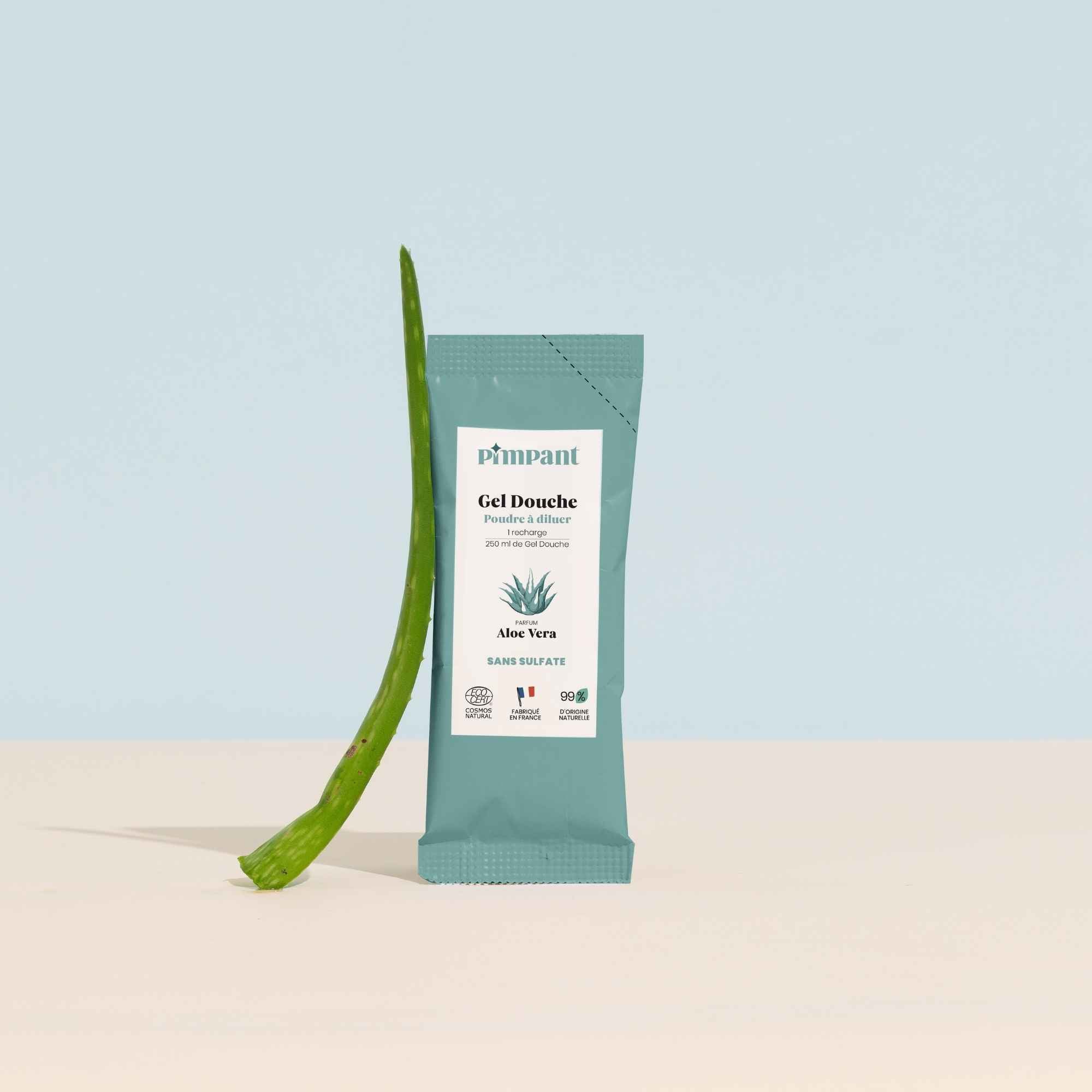 Gel douche aloe vera Pimpant en recharge à diluer, naturel et écologique, disponible avec flacon en verre réutilisable.