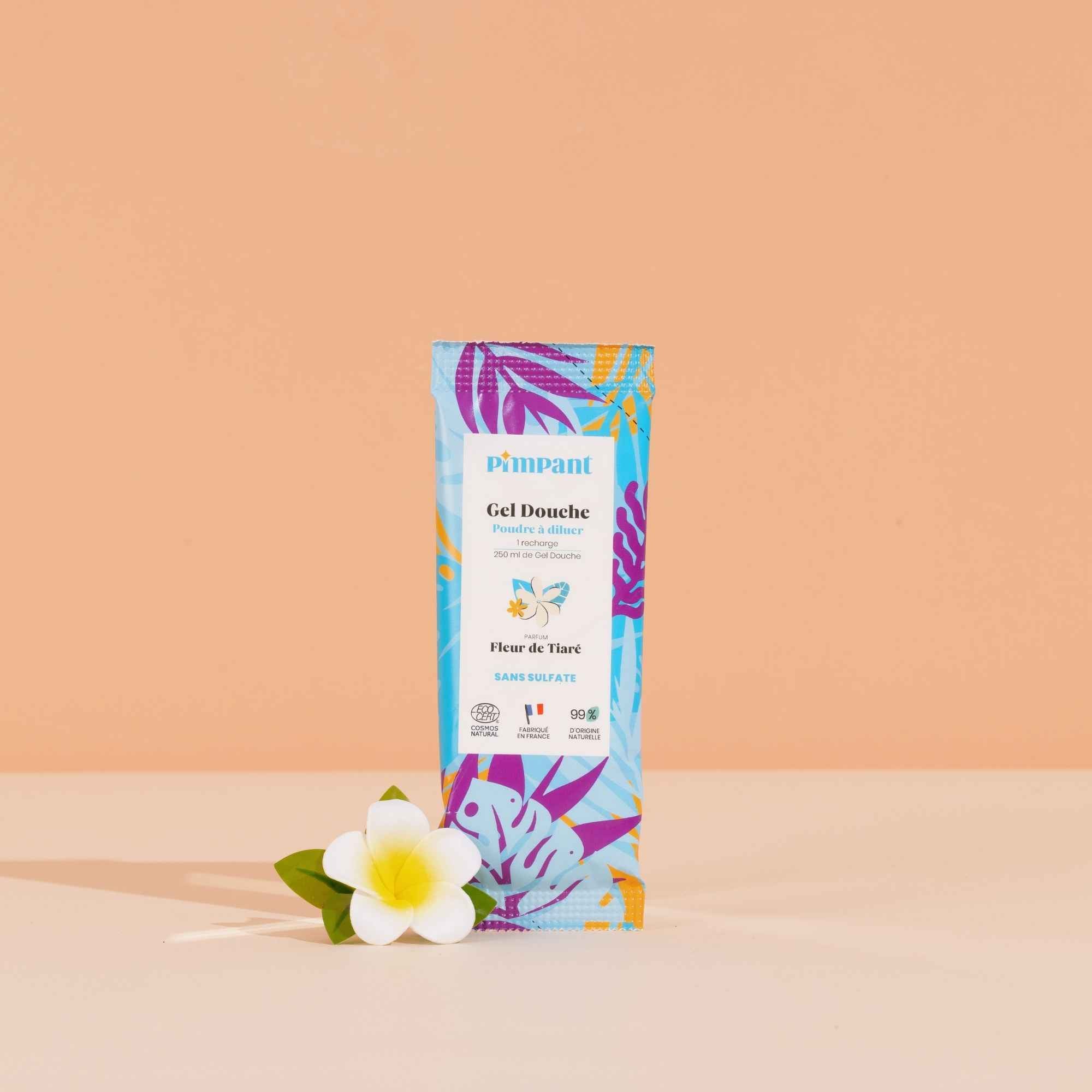 Gel douche à la fleur de tiaré Pimpant en recharge à diluer, naturel et écologique, disponible avec flacon en verre réutilisable.