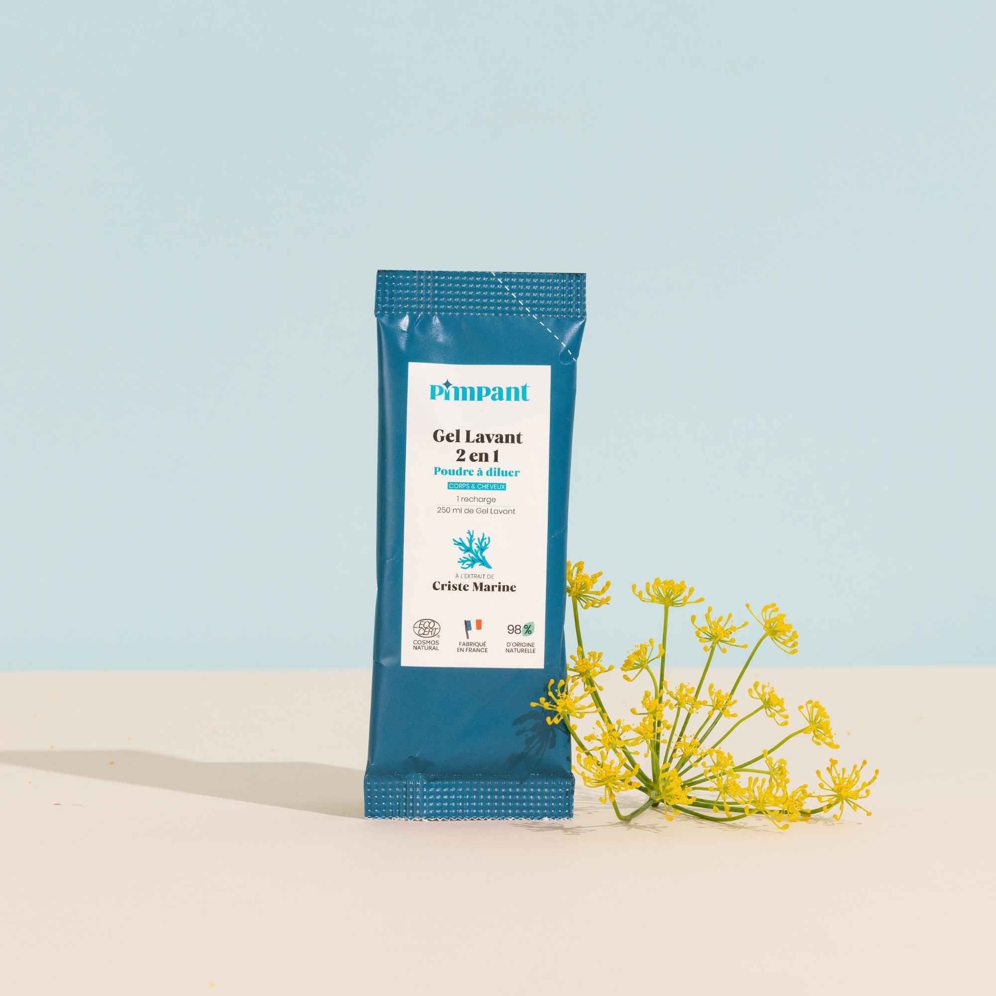 Gel lavant 2-en-1 criste marine Pimpant en recharge à diluer, naturel et écologique, nettoyant corps et cheveux, disponible avec flacon en verre réutilisable.