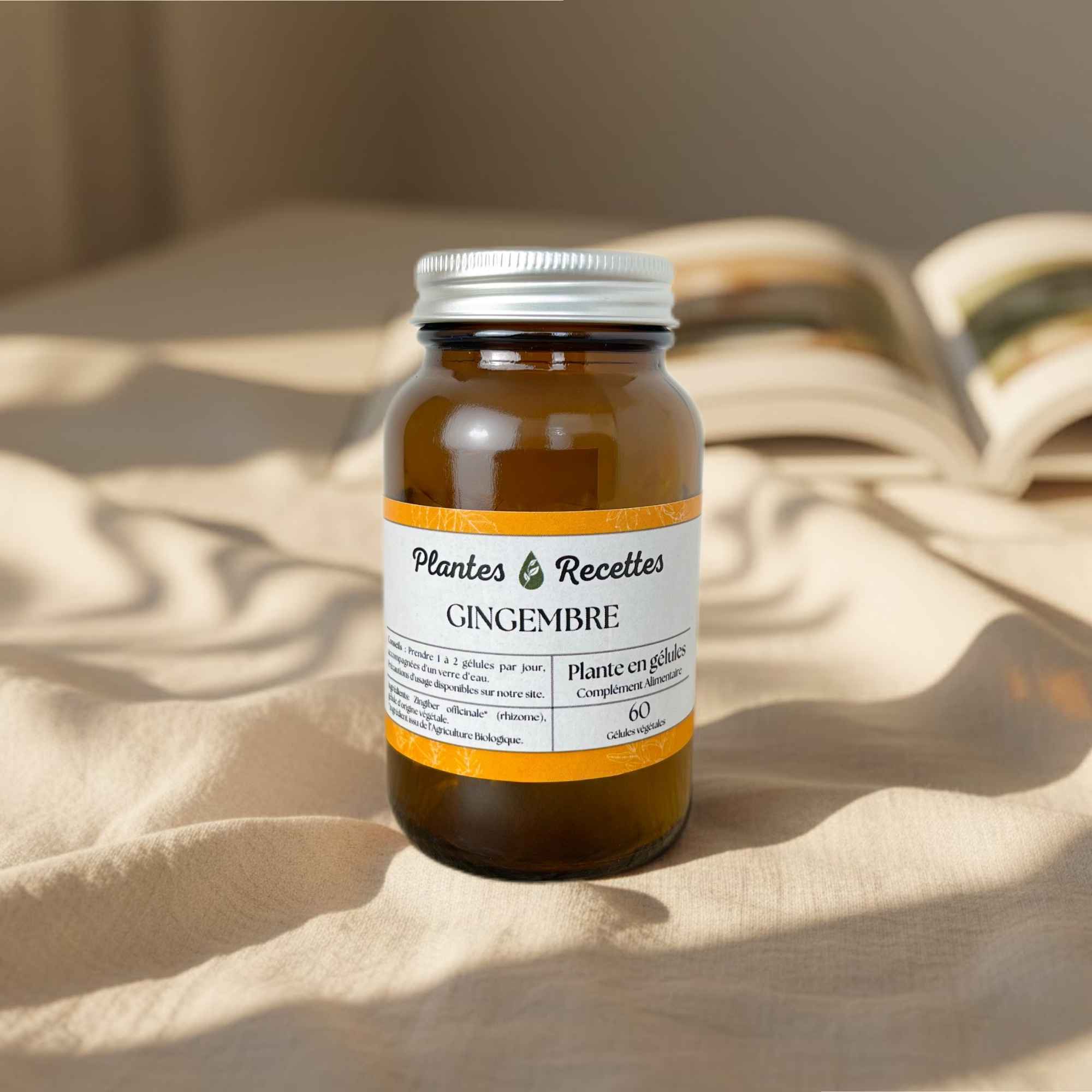 Gélules de gingembre bio Plantes & Recettes, complément stimulant pour la digestion et la vitalité, qualité herboristerie, fabrication française, capsules végétales vegan en pilulier verre ambré, cure 1 mois.