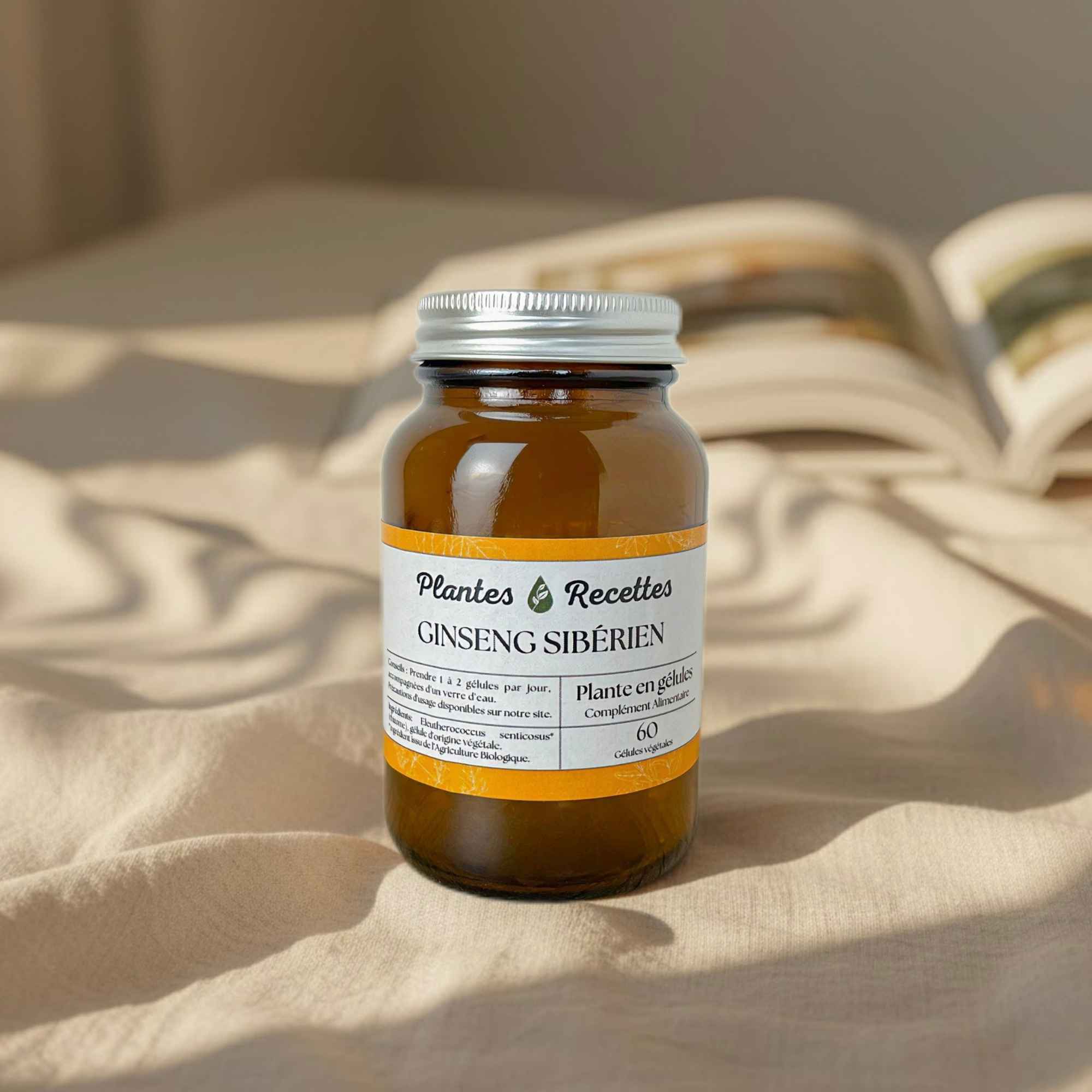 Gélules de ginseng sibérien bio Plantes & Recettes, complément tonus et vitalité, qualité herboristerie, fabrication française, capsules végétales vegan en pilulier verre ambré, cure 1 mois.